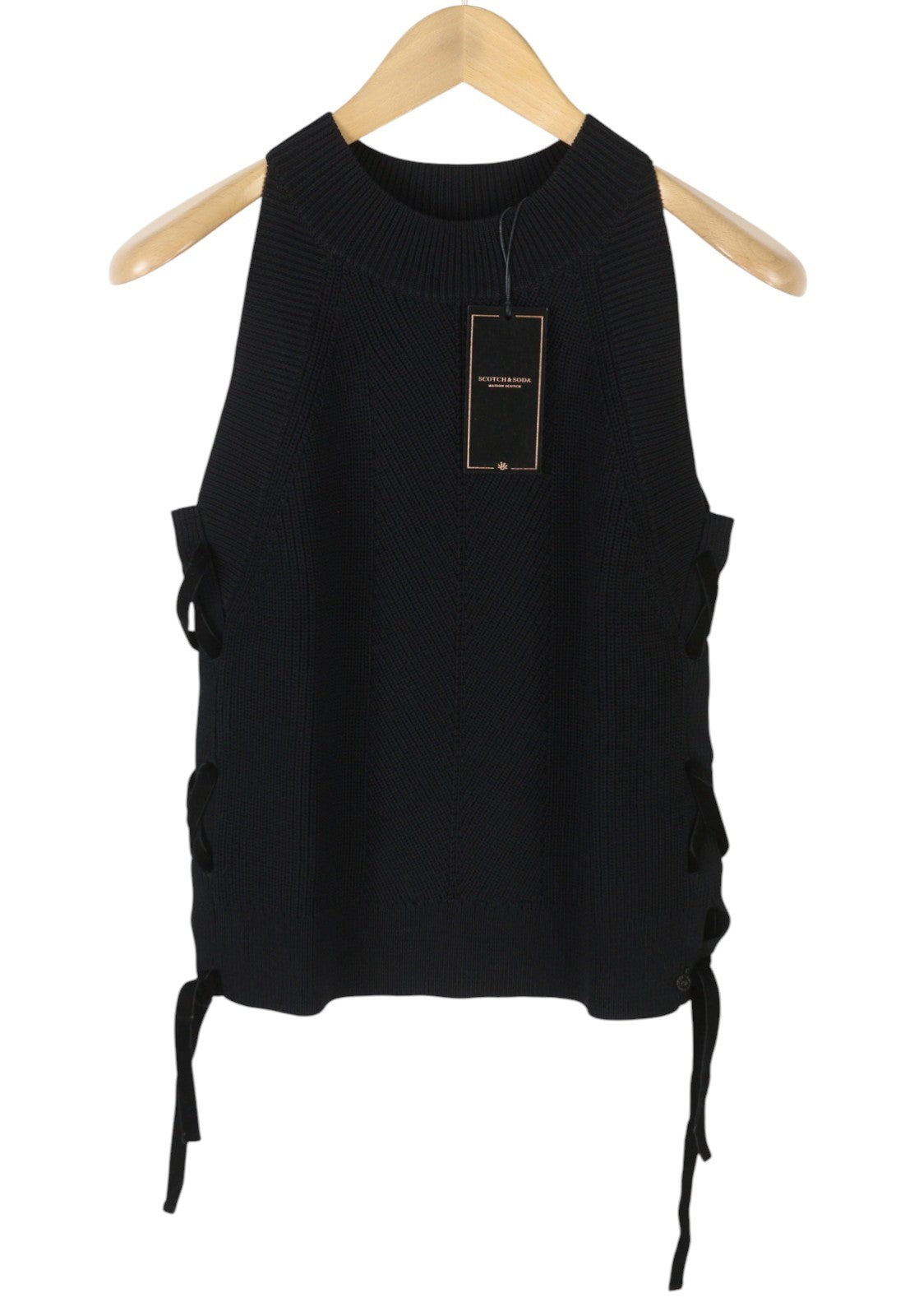 MAISON SCOTCH Women T-Shirt XL Black Tight-Knit Side Straps Sleeveless