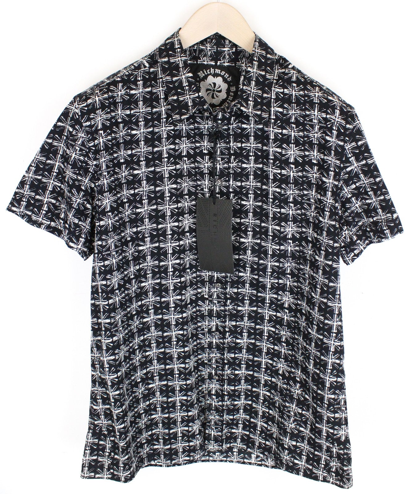 RICHMOND  Men T-Shirt L Black Pure Cotton Logo Patterns Short Sleeve Button-Up