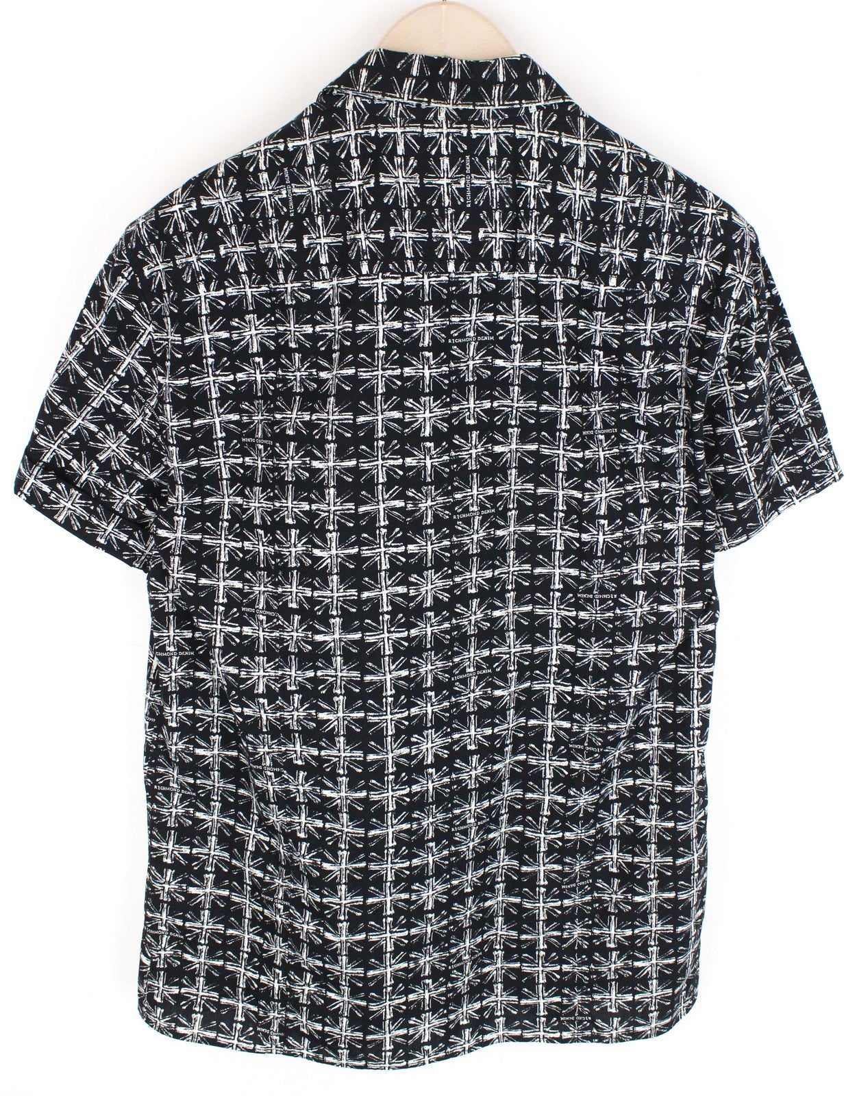 RICHMOND  Men T-Shirt L Black Pure Cotton Logo Patterns Short Sleeve Button-Up
