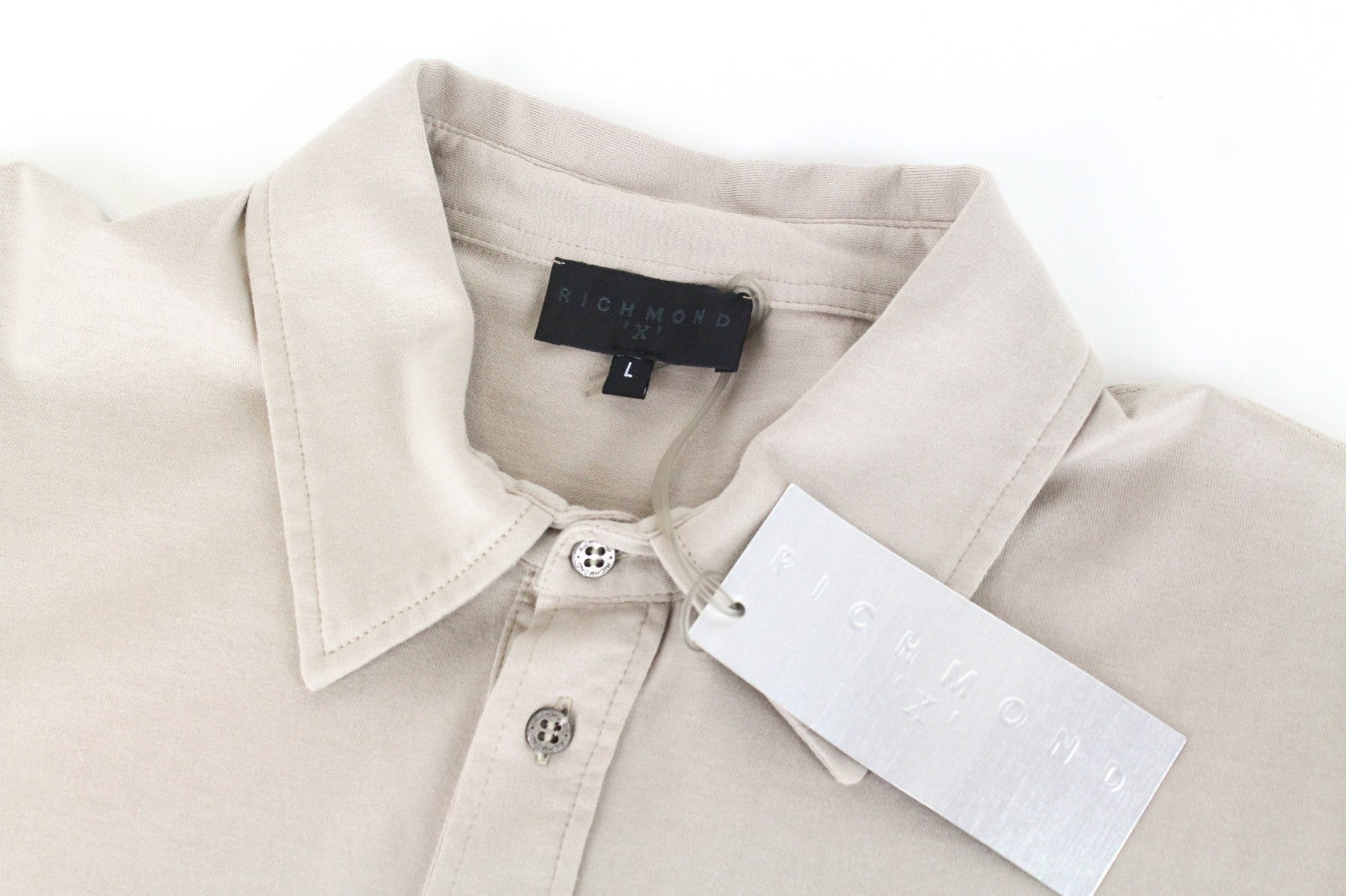 RICHMOND  Men T-Shirt L Beige Pure Cotton Short Sleeved Logo Collared Polo