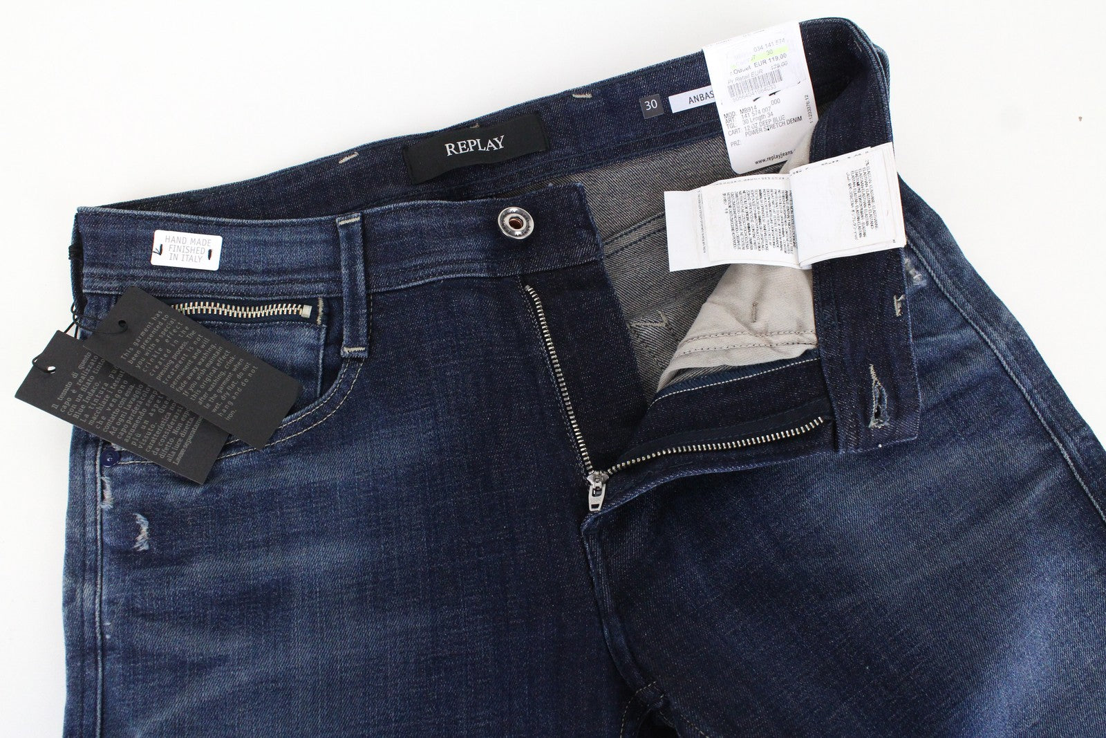 REPLAY Anbass Men Jeans W30/L34 Slim Ft Cotton Stretch Dark Blue Washed Denim