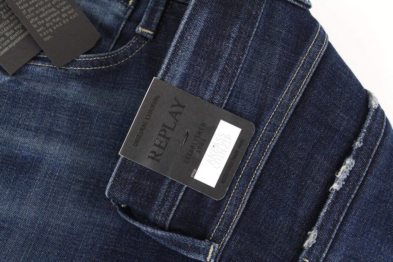 REPLAY Anbass Men Jeans W30/L34 Slim Ft Cotton Stretch Dark Blue Washed Denim