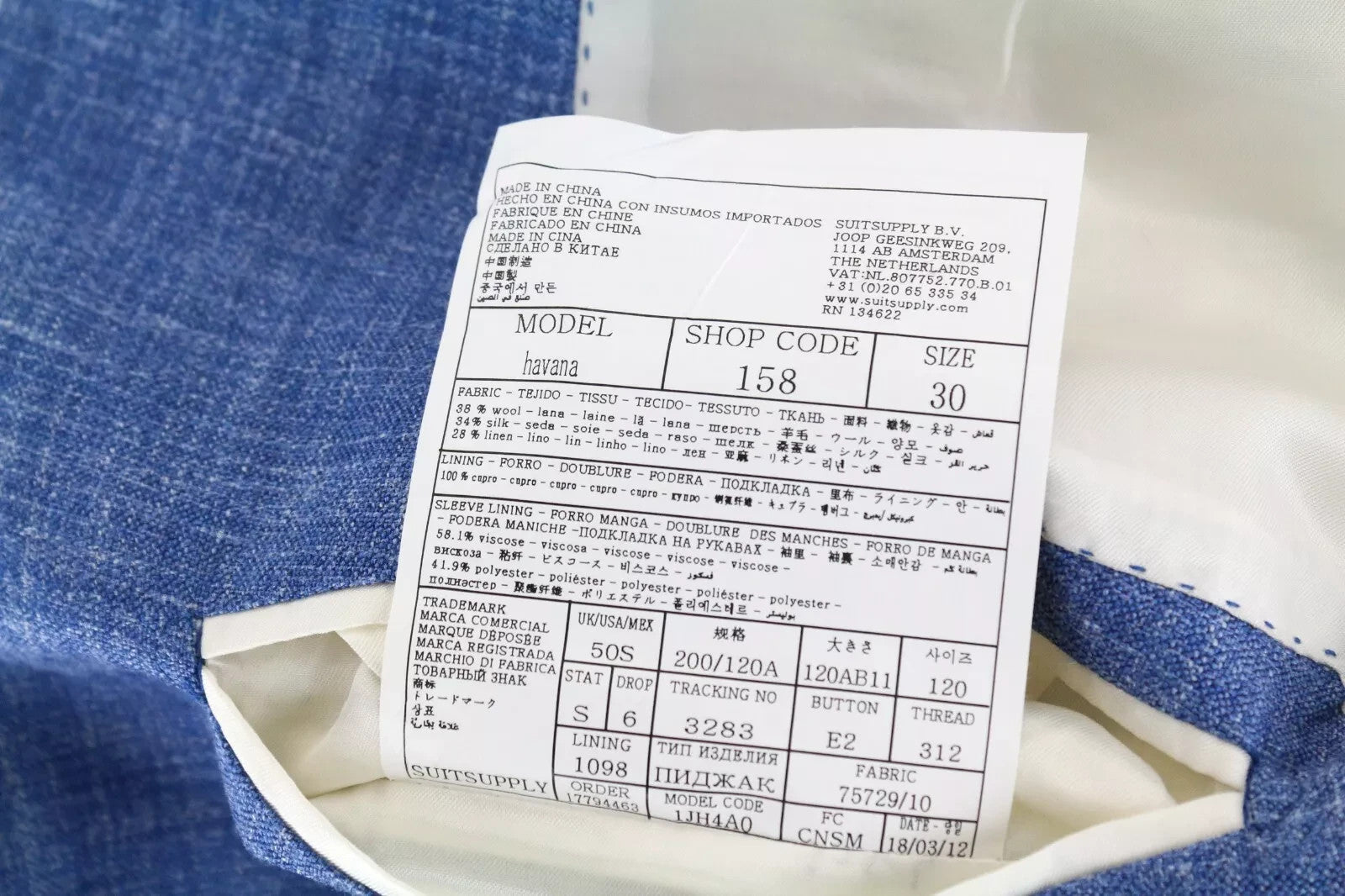 SUITSUPPLY Havana Men Blazer UK50S Blue Wool Silk Linen Classic Single-Breasted