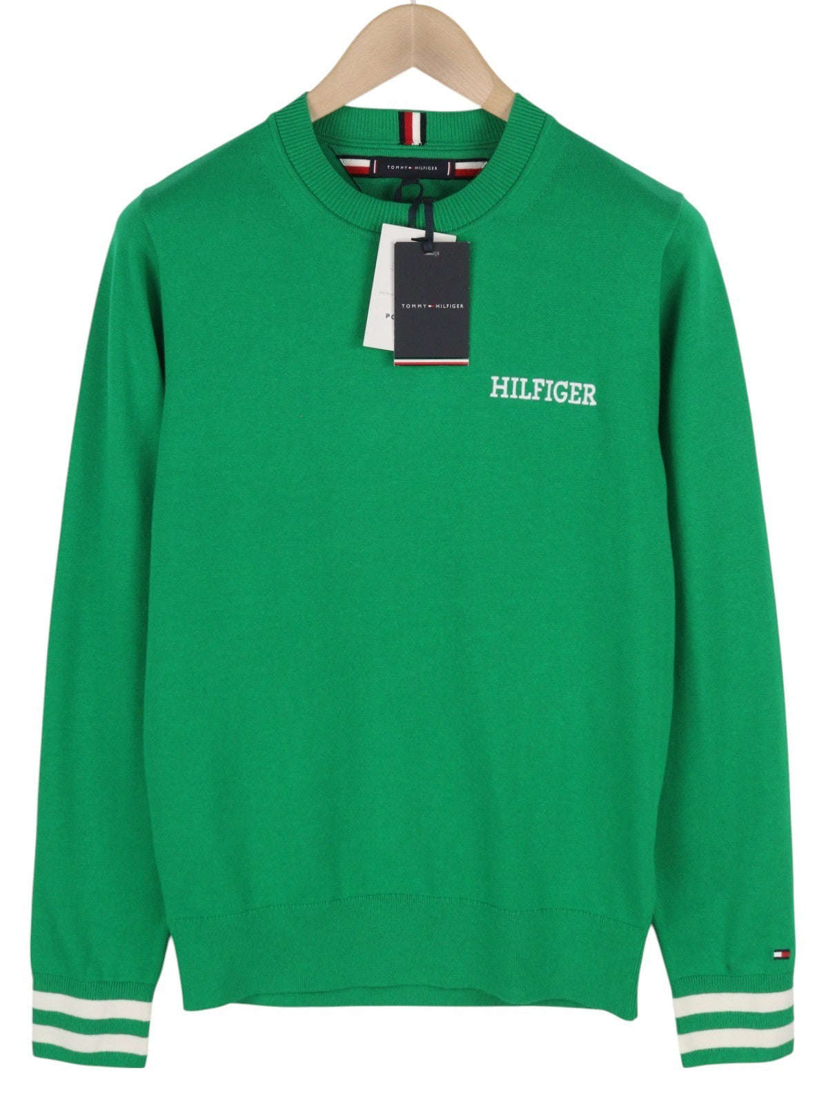 TOMMY HILFIGER Monotype Tipped Men Jumper M Green Knitted Crew Neck Pull On