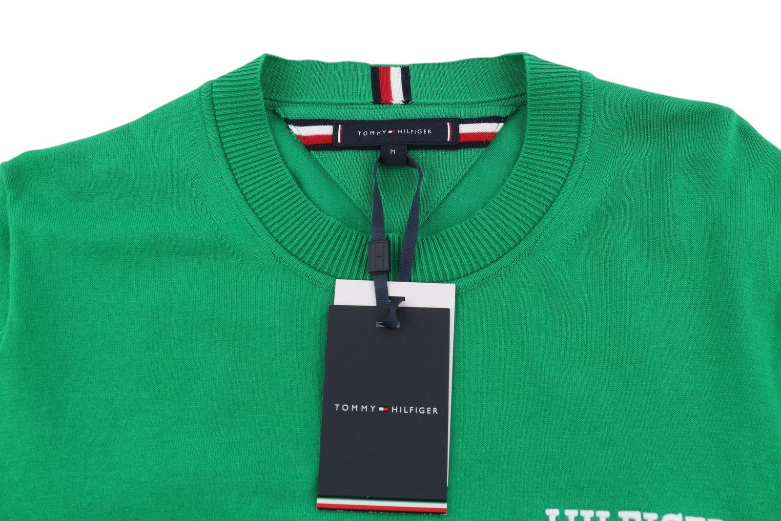 TOMMY HILFIGER Monotype Tipped Men Jumper M Green Knitted Crew Neck Pull On
