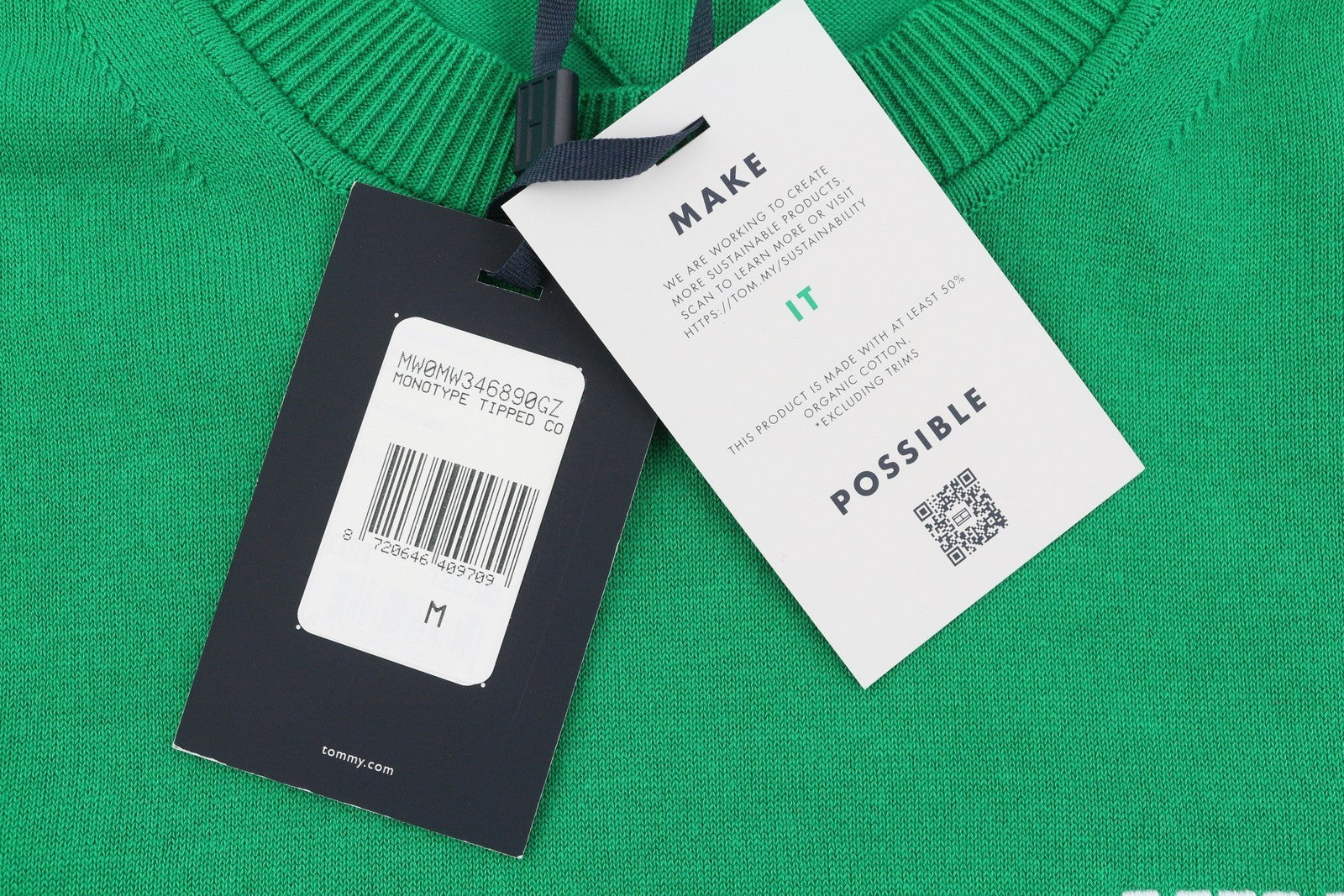 TOMMY HILFIGER Monotype Tipped Men Jumper M Green Knitted Crew Neck Pull On