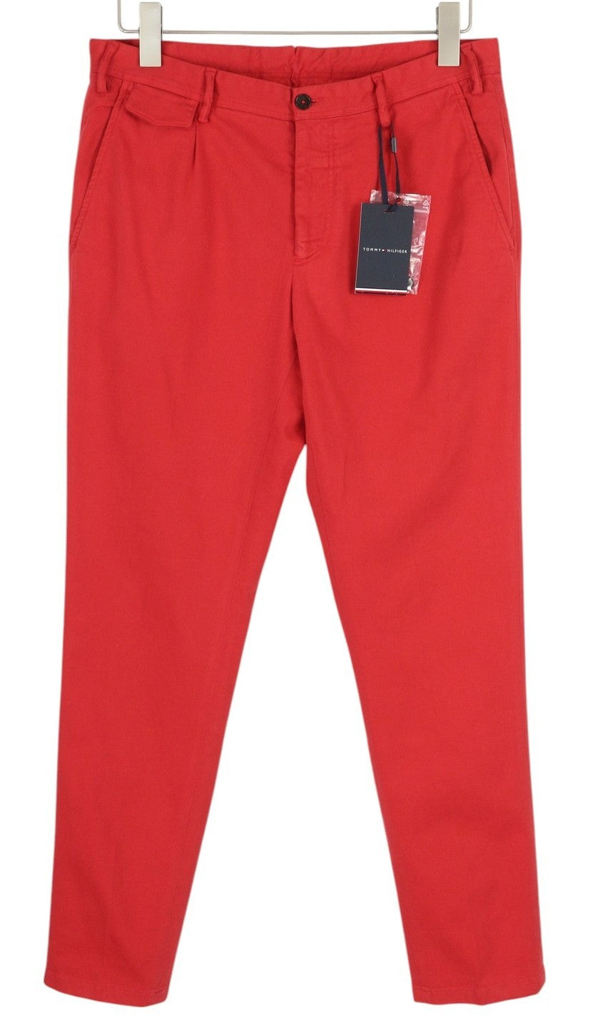 TOMMY HILFIGER Twill Stretch Men Trousers W32 Chino Pleated Slim Fit Zip Red