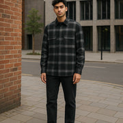 CALVIN KLEIN Twill Fleece Check Jacket S Black Overshirt Snap Buttons Spread