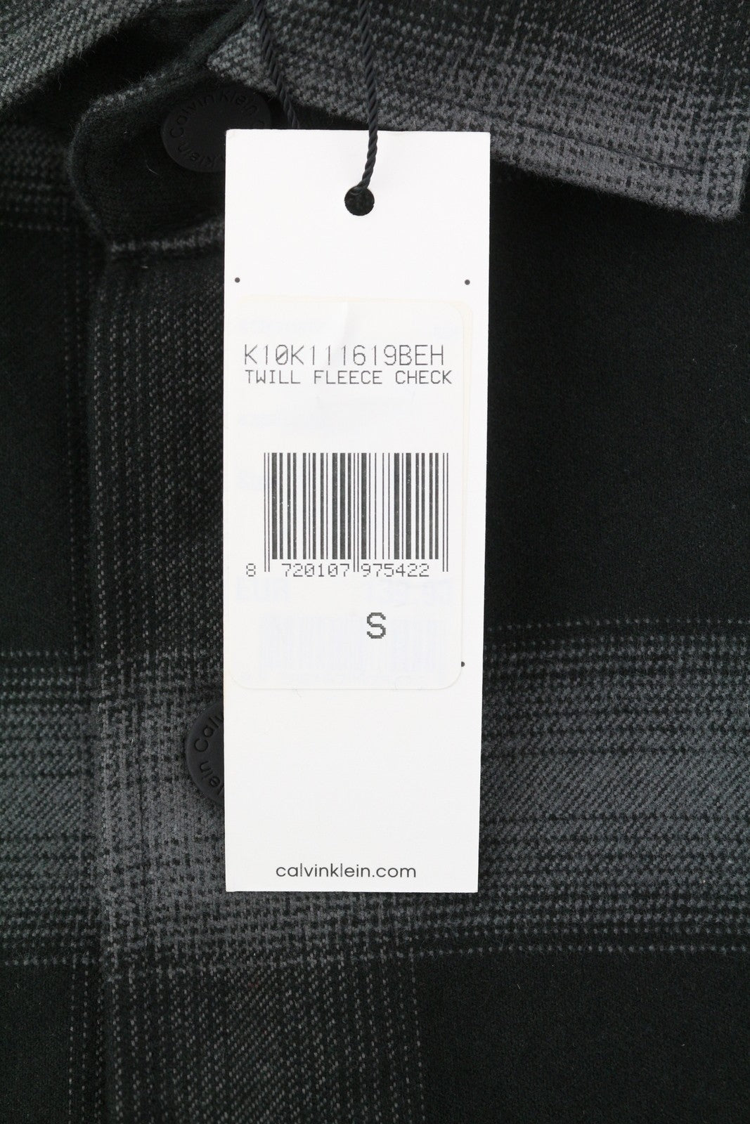 CALVIN KLEIN Twill Fleece Check Jacket S Black Overshirt Snap Buttons Spread