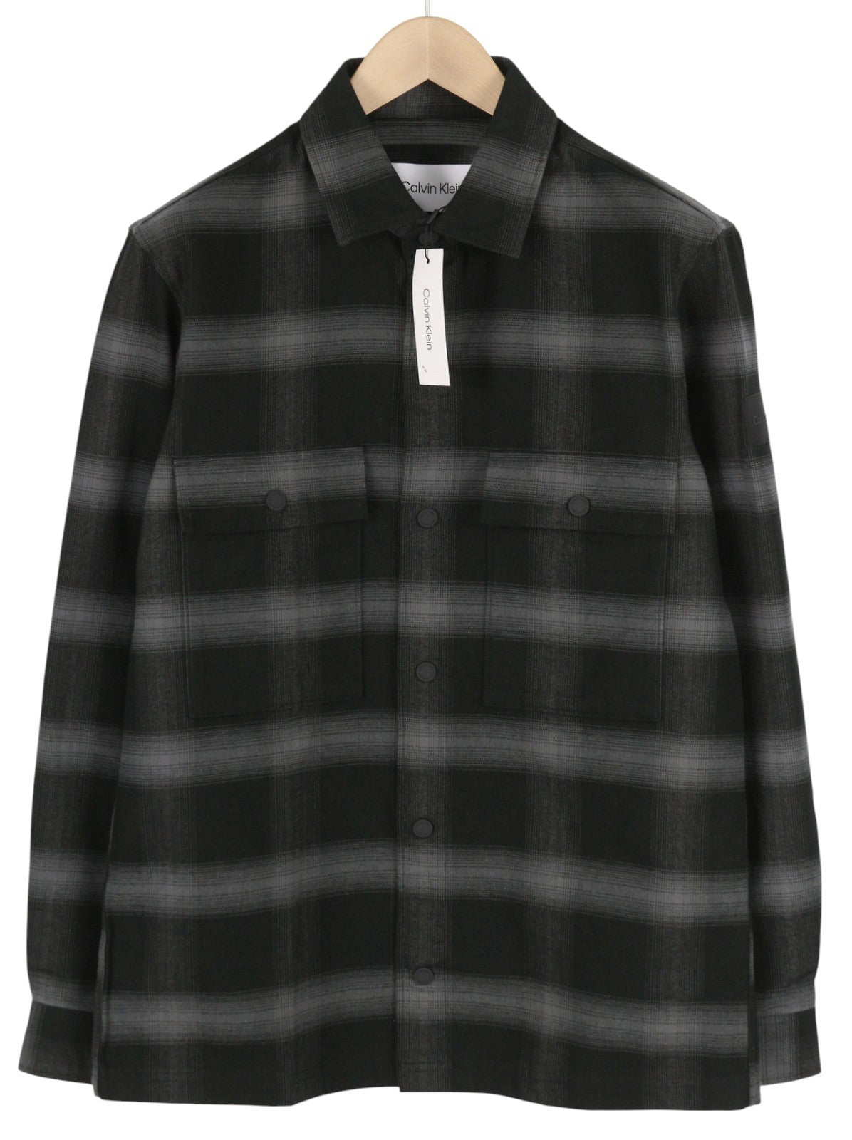 CALVIN KLEIN Twill Fleece Check Jacket S Black Overshirt Snap Buttons Spread