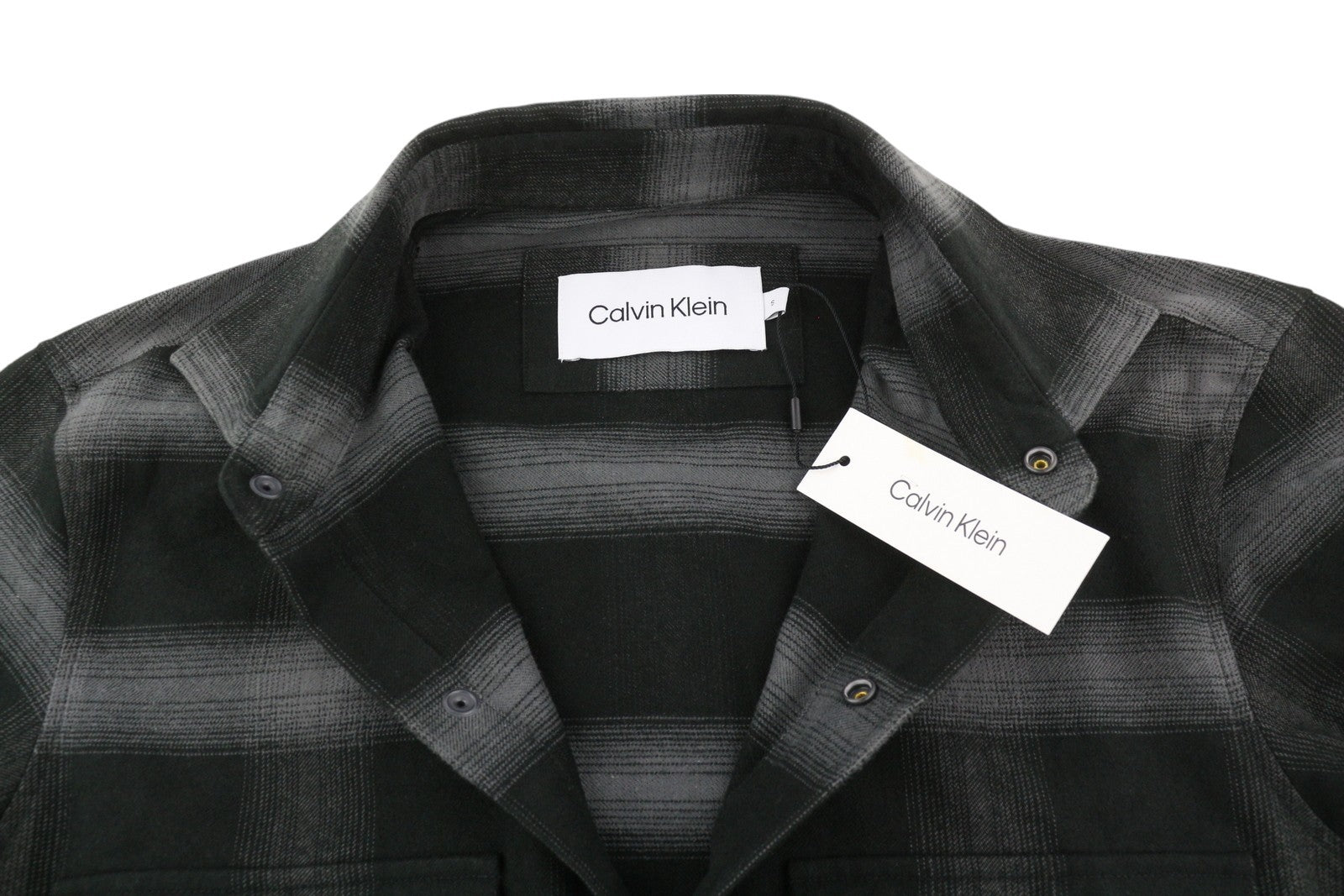 CALVIN KLEIN Twill Fleece Check Jacket S Black Overshirt Snap Buttons Spread