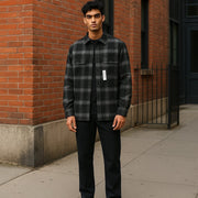 CALVIN KLEIN Twill Fleece Check Jacket L Black Overshirt Snap Buttons Spread
