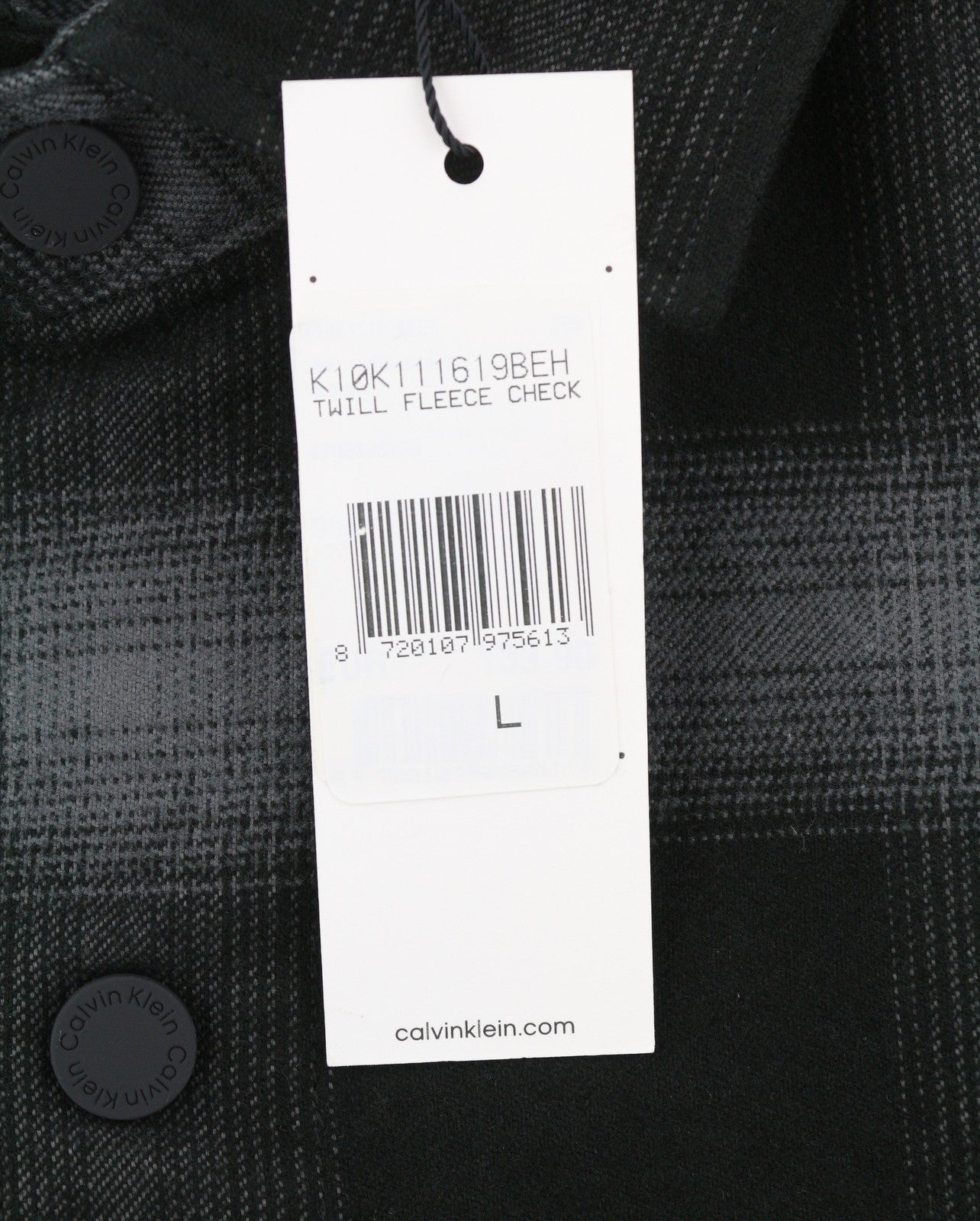 CALVIN KLEIN Twill Fleece Check Jacket L Black Overshirt Snap Buttons Spread