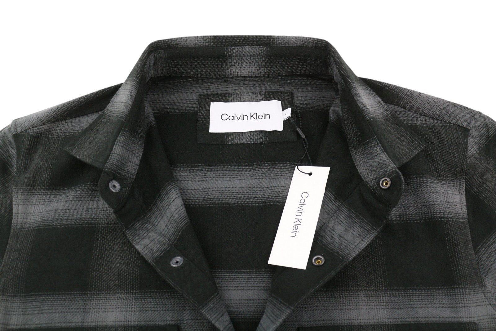 CALVIN KLEIN Twill Fleece Check Jacket L Black Overshirt Snap Buttons Spread