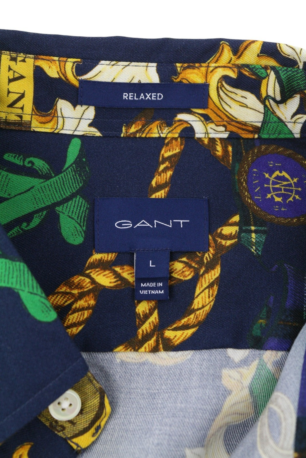 GANT Rel Chain Print Lyocell Town Men Shirt L Evening Blue Relaxed Casual