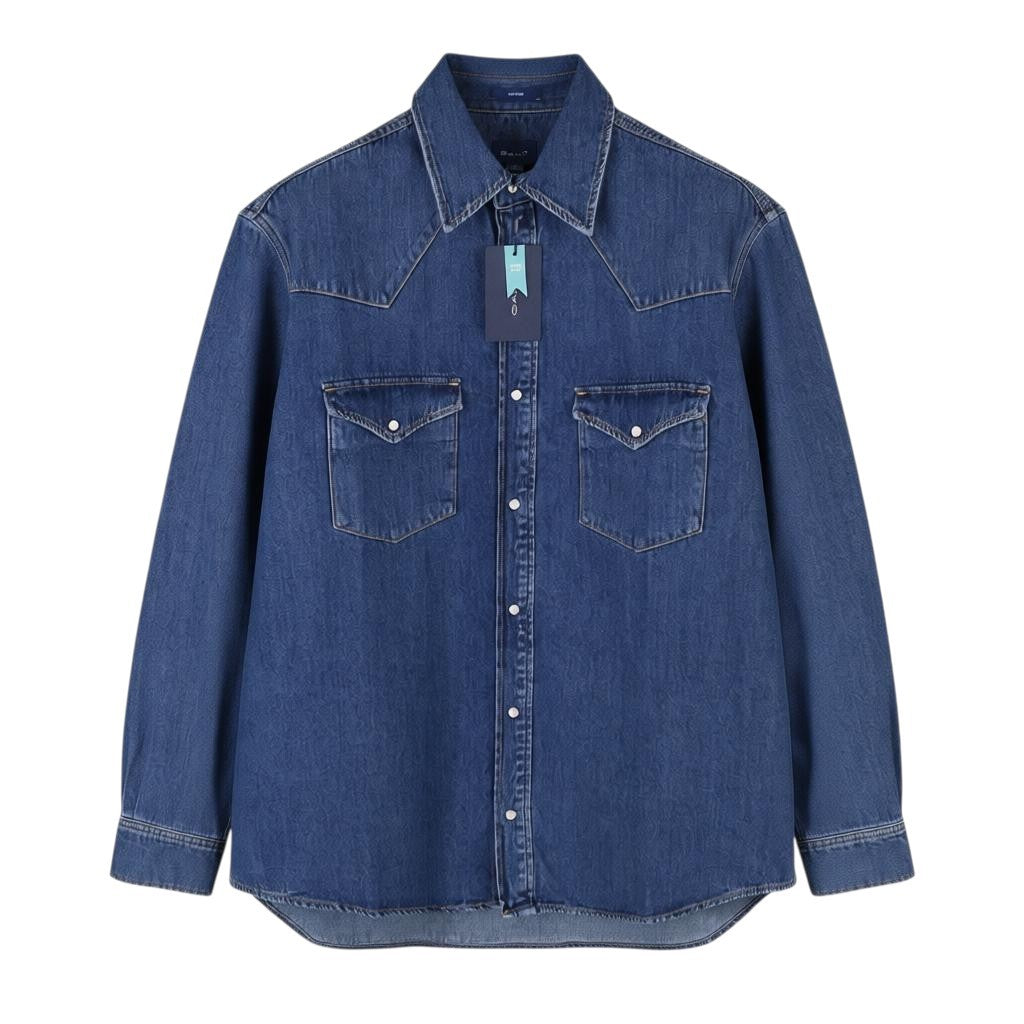 GANT Rel Denim Western Town Men Shirt L Mid Blue Snap Buttons Casual