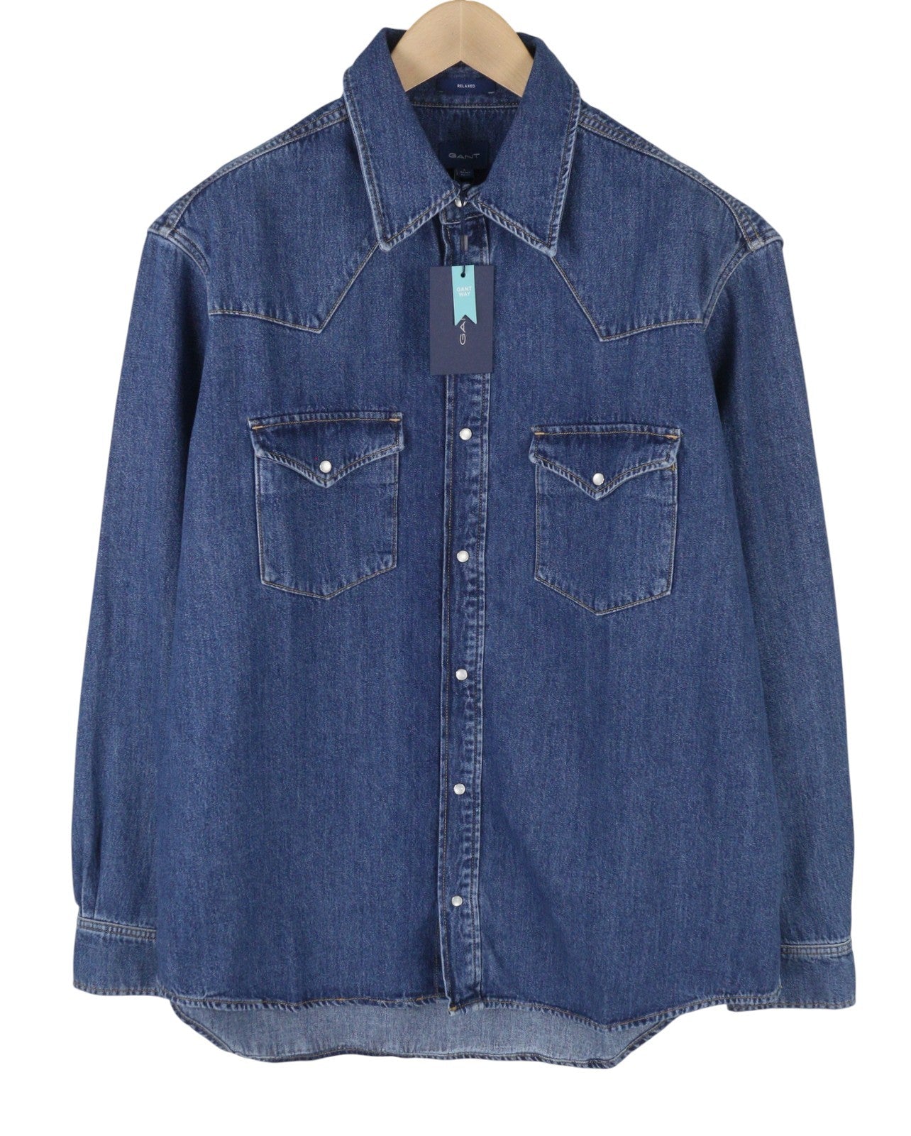 GANT Rel Denim Western Town Men Shirt L Mid Blue Snap Buttons Casual