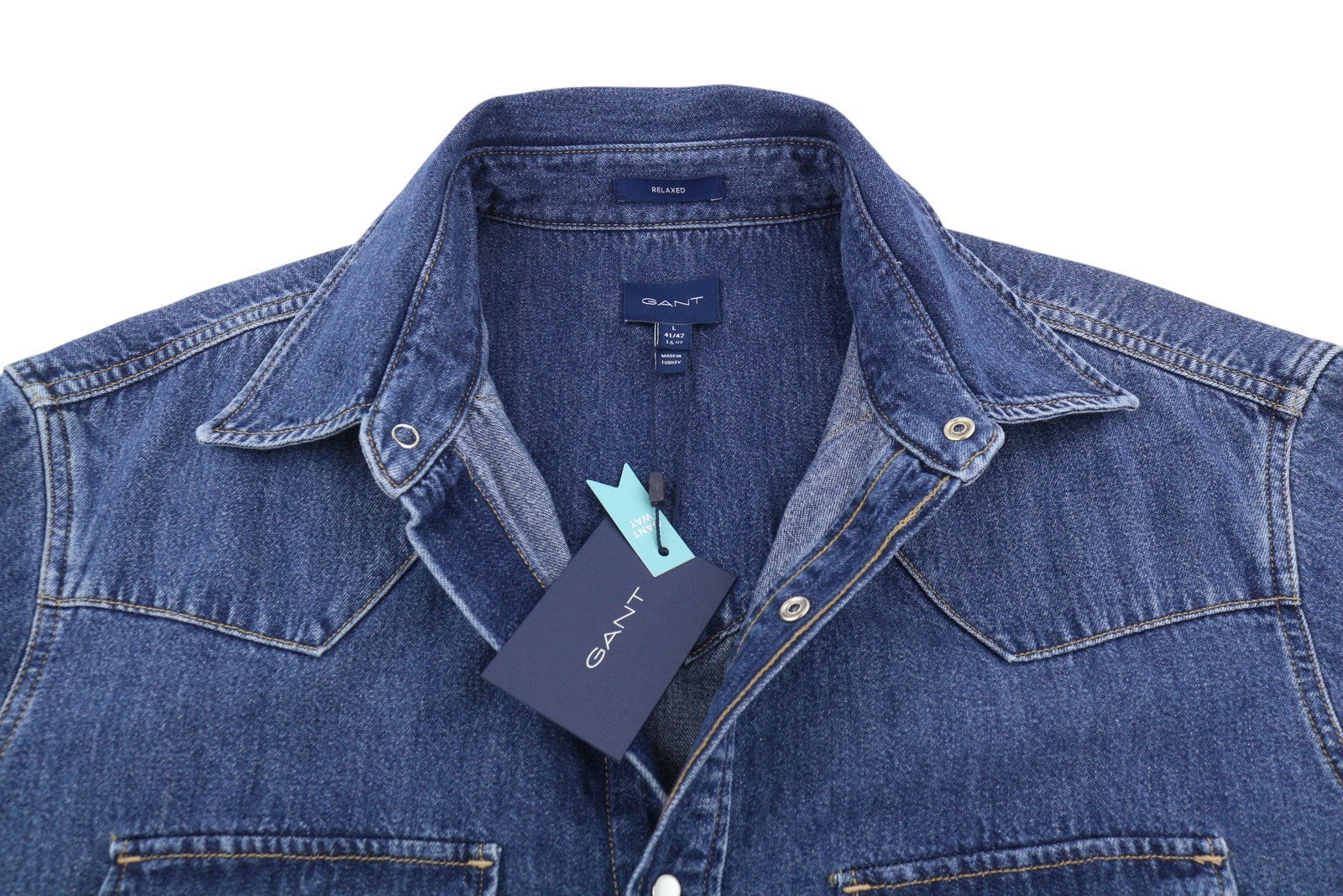GANT Rel Denim Western Town Men Shirt L Mid Blue Snap Buttons Casual