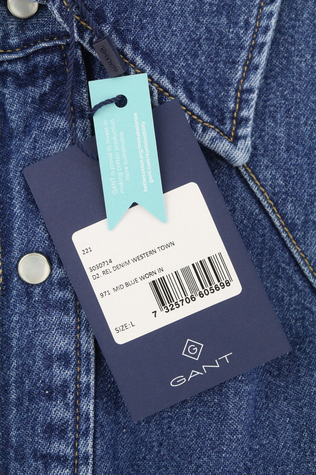 GANT Rel Denim Western Town Men Shirt L Mid Blue Snap Buttons Casual