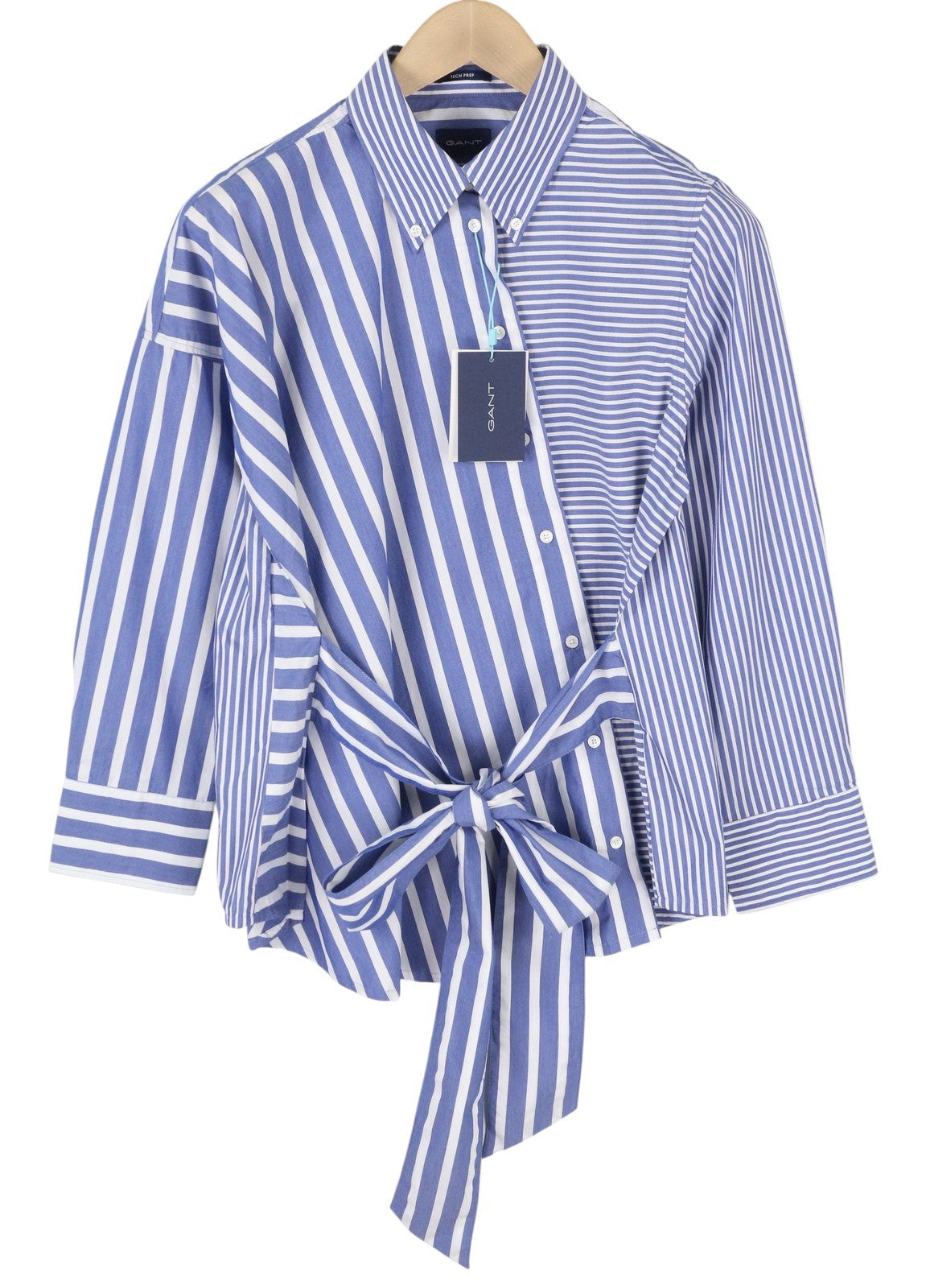 GANT Tech Prep Mix Stripe Women Shirt EU40 College Blue Belted Button Neck