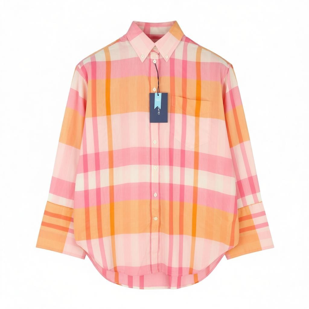 GANT Rel Wide Cuff Madras Women Shirt EU34 Preppy Pink Button Neck Casual