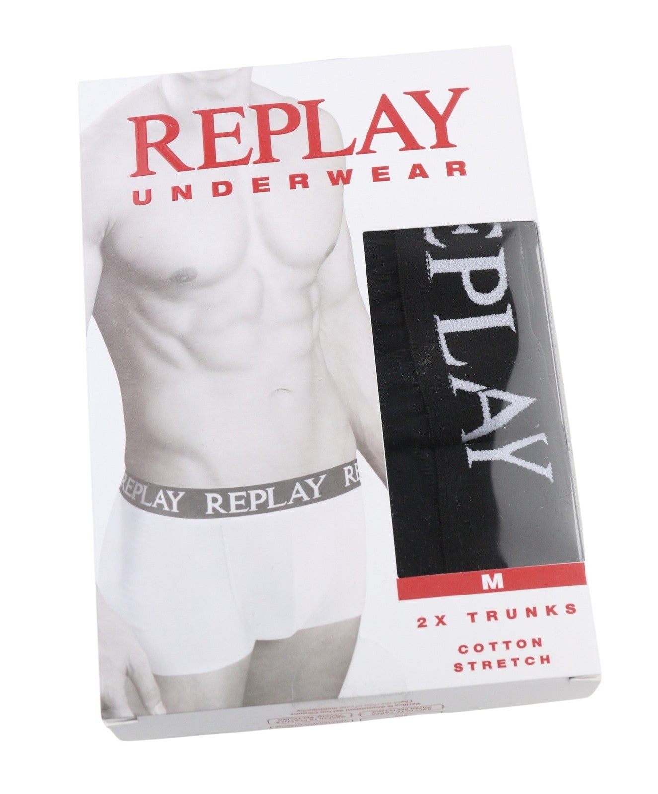 REPLAY Men Underwear M Black Elastic Waist Cotton Stretch Trunks 2 Pack