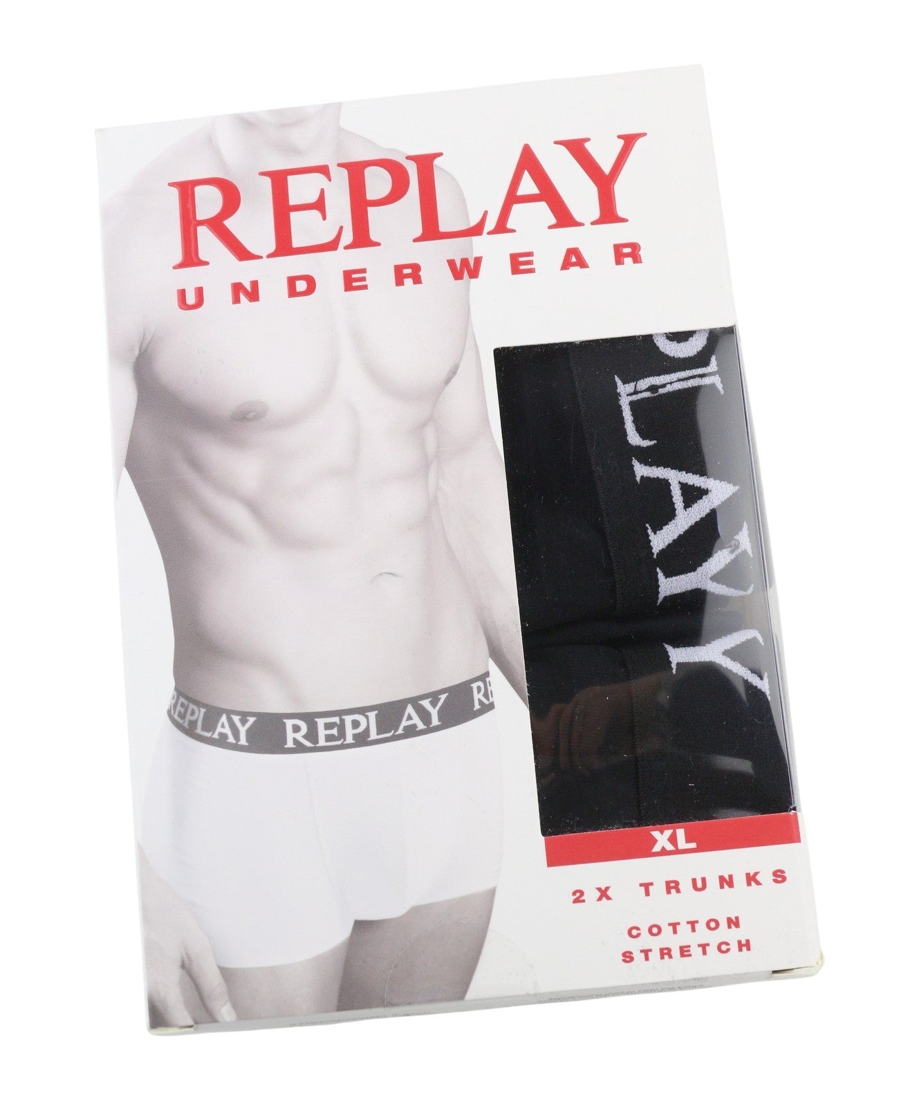 REPLAY Men Underwear XL Black Elastic Waist Cotton Stretch Trunks 2 Pack