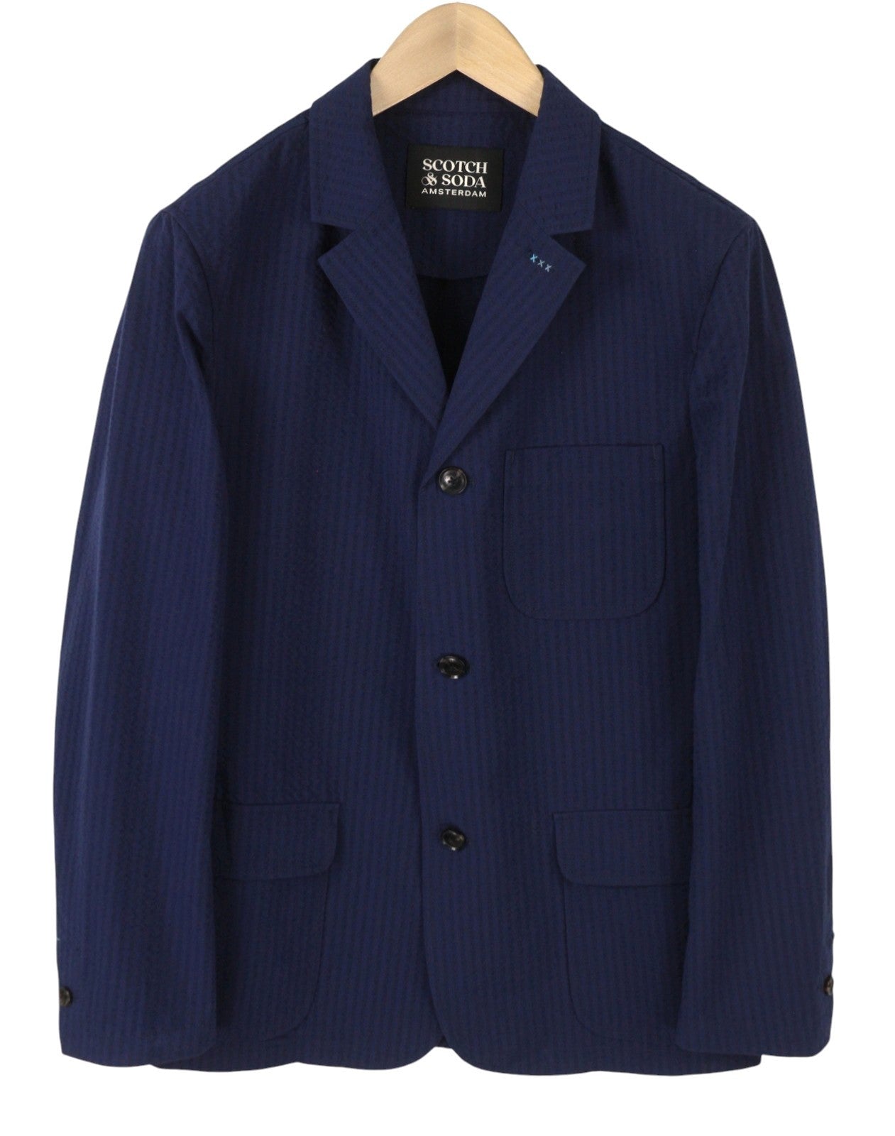 SCOTCH & SODA Men Blazer M Dark Blue Seersucker Notch Lapel Single Breasted