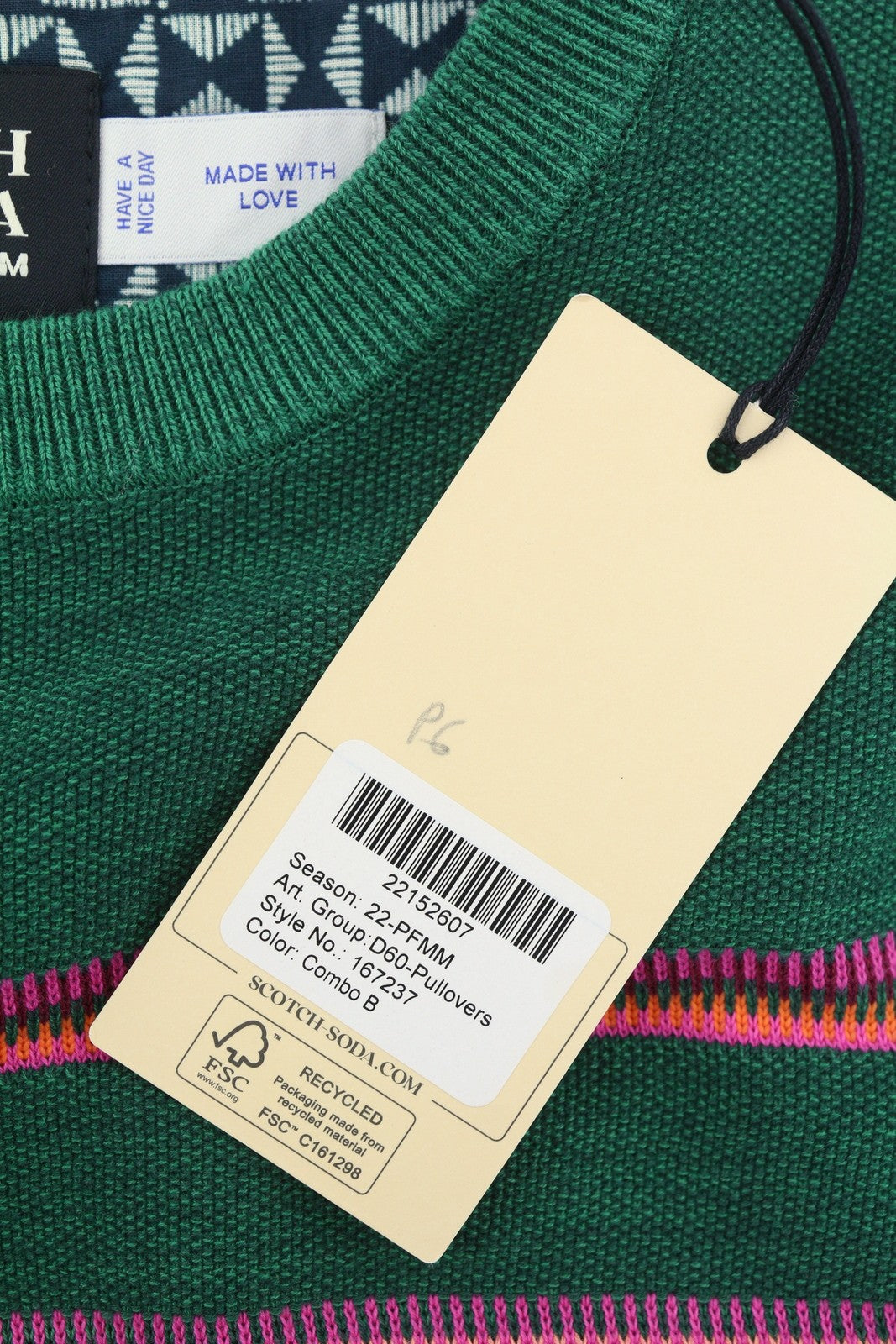 SCOTCH & SODA Men Jumper M Green Striped Crew Neck Tight Knit Pull On