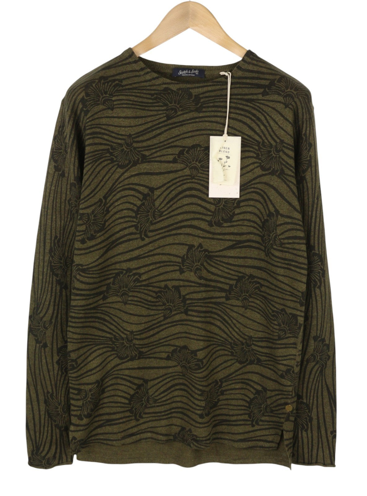 SCOTCH & SODA Men Jumper M Dark Green Floral Print Crew Neck Tight Knit Pull On