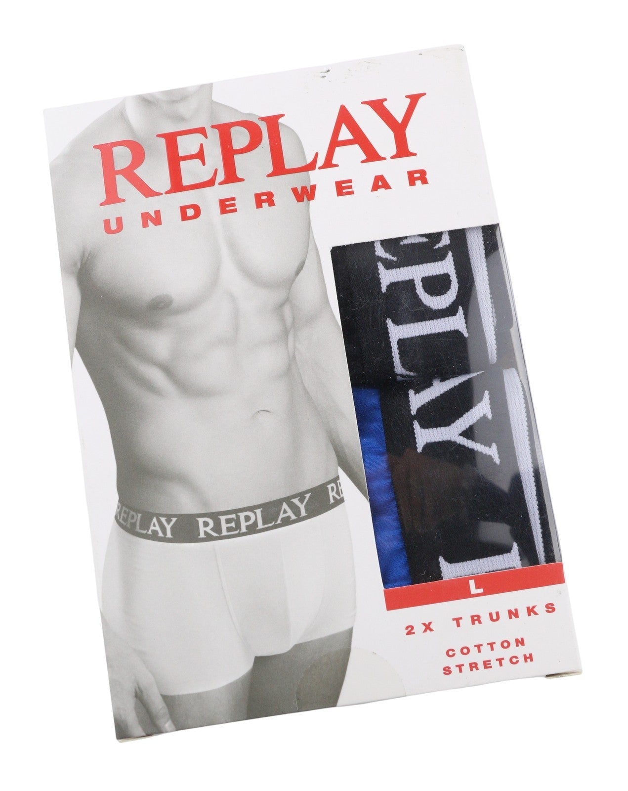 REPLAY Men Underwear L Black Elastic Waist Cotton Stretch Trunks 2 Pack