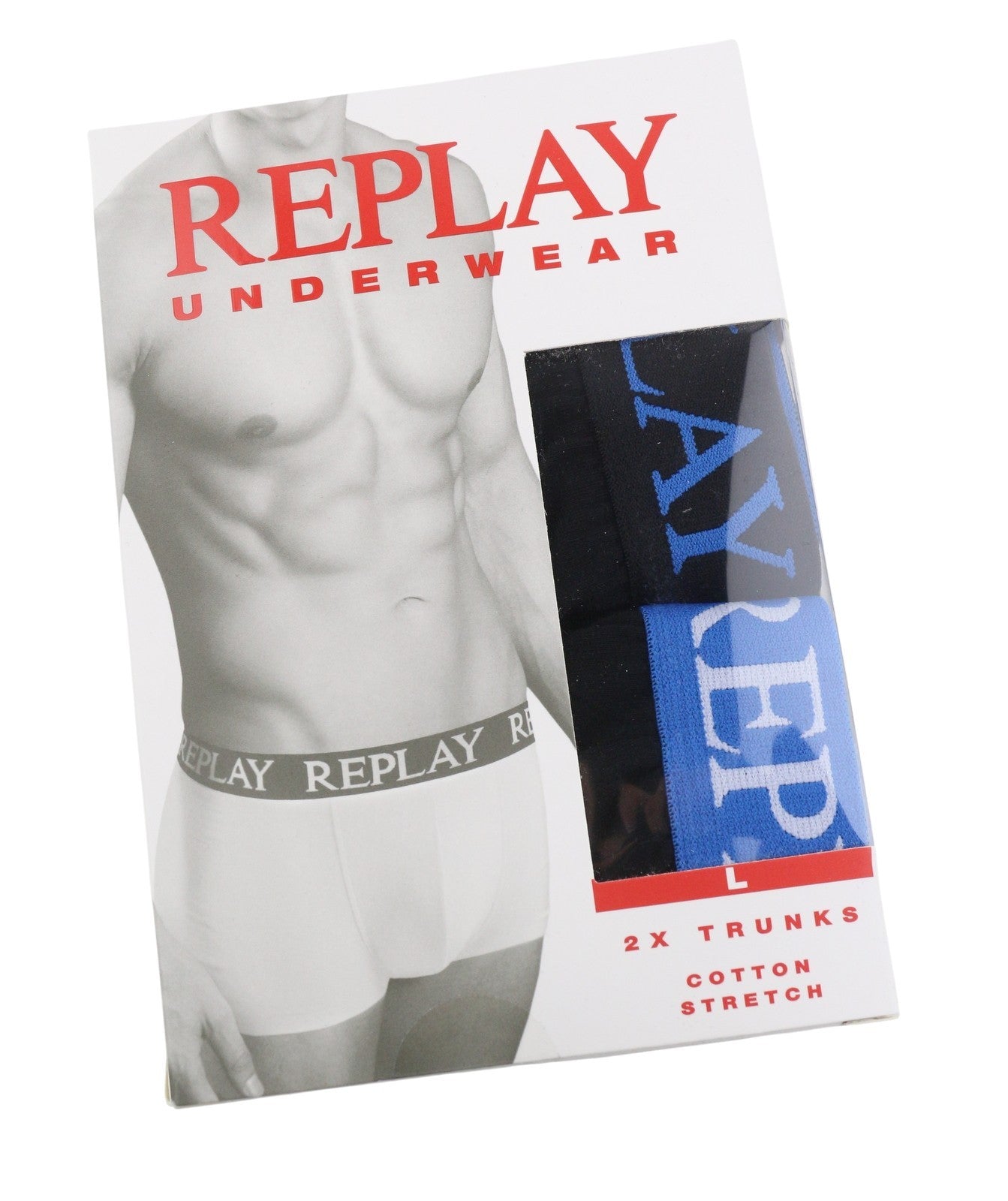REPLAY Men Underwear L Black Elastic Waist Cotton Stretch Trunks 2 Pack