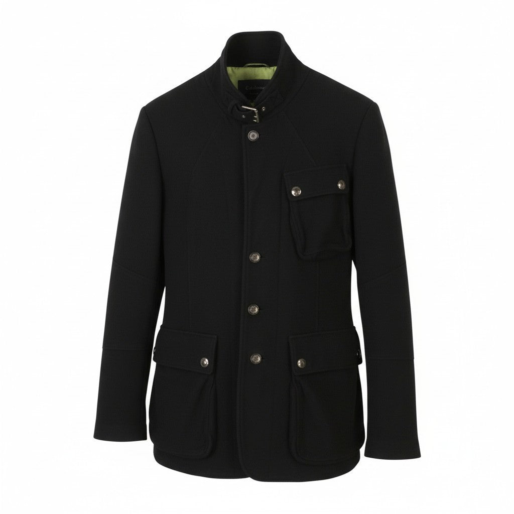 BELSTAFF Men Coat L Black Wool Cashmere Patch Pockets Button-Up Peacoat
