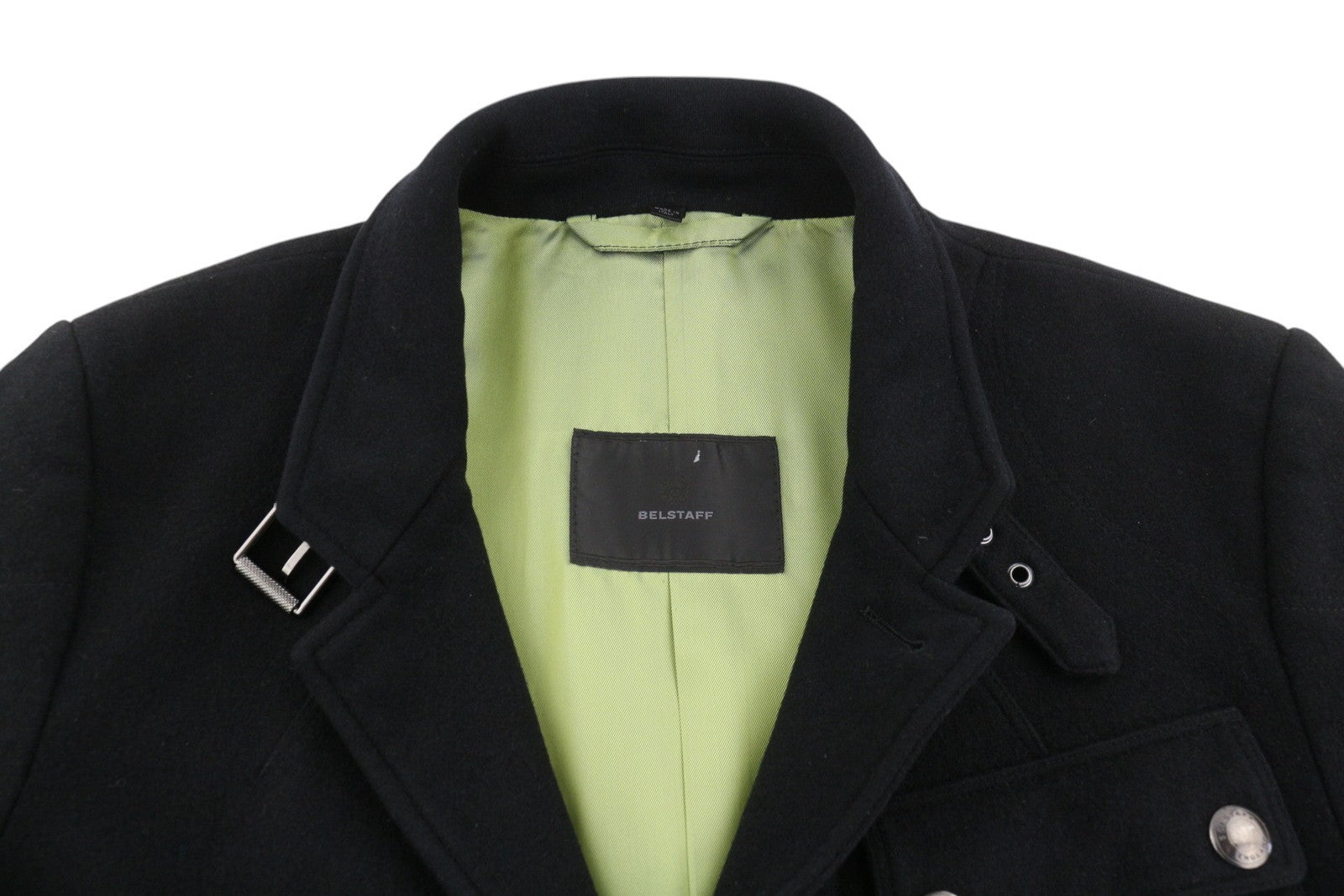 BELSTAFF Men Coat L Black Wool Cashmere Patch Pockets Button-Up Peacoat