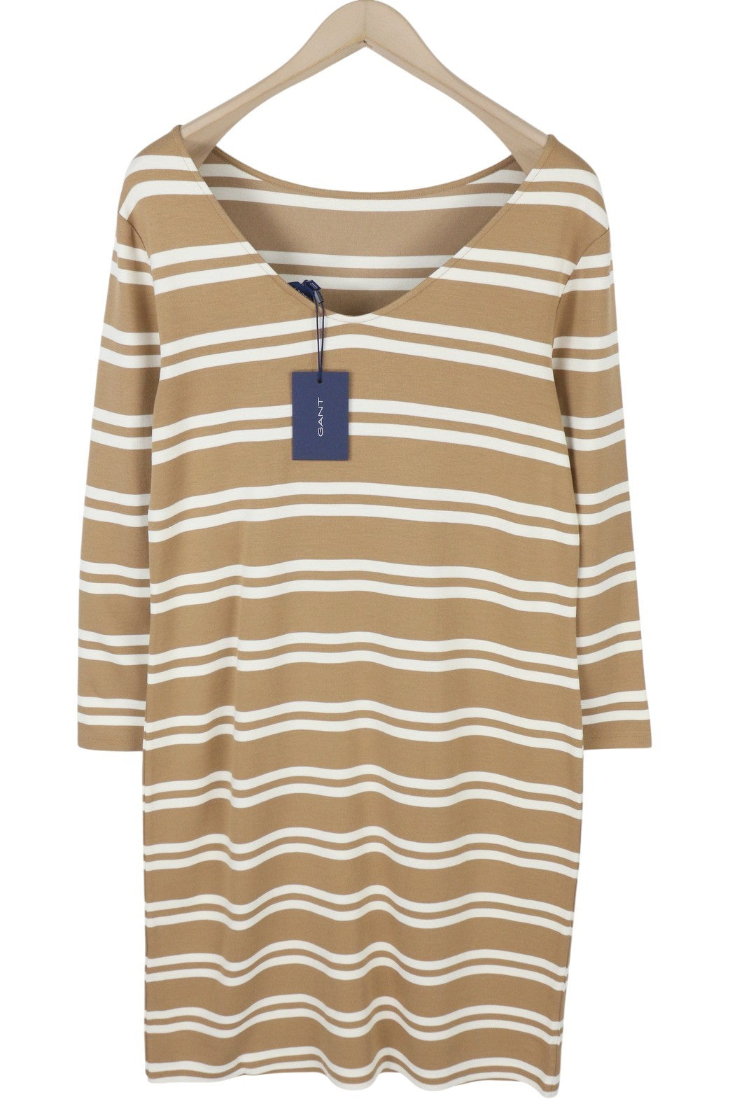 GANT Striped Women Dress L Warm Khaki Crew Neck Jersey Knee Length Long Sleeve