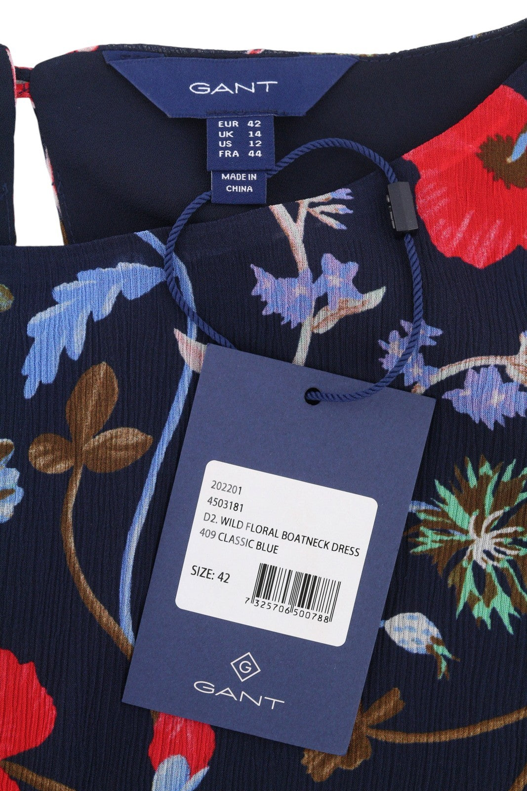 GANT Wild Floral Boatneck Women Dress EU42 Classic Blue Mini Crew Short Sleeve