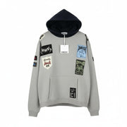 AMBUSH Logo Patchwork Cotton Men Hoodie L Grey Melange Kangaroo Pocket RRP845