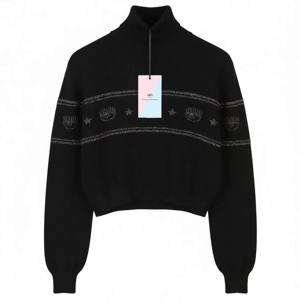 CHIARA FERRAGNI Maxilogo Lurex Women Jumper M Black Wool Cashmere RRP220