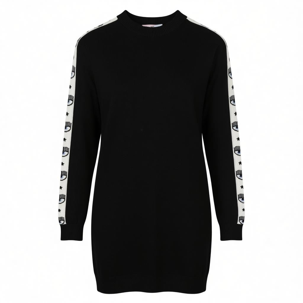 CHIARA FERRAGNI Logomania Tape Women Dress M Black Wool Knit RRP297