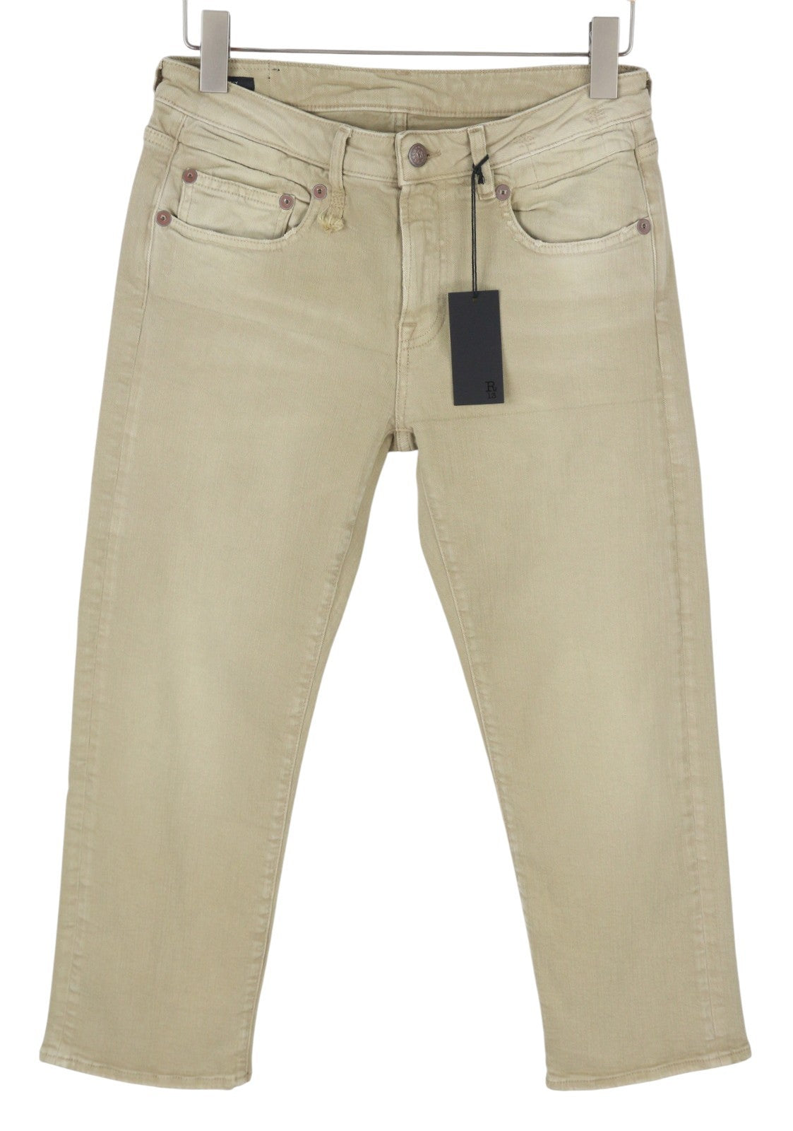 R13 Boy Straight Women Jeans 29 Khaki Stretch Cropped Zip RRP699