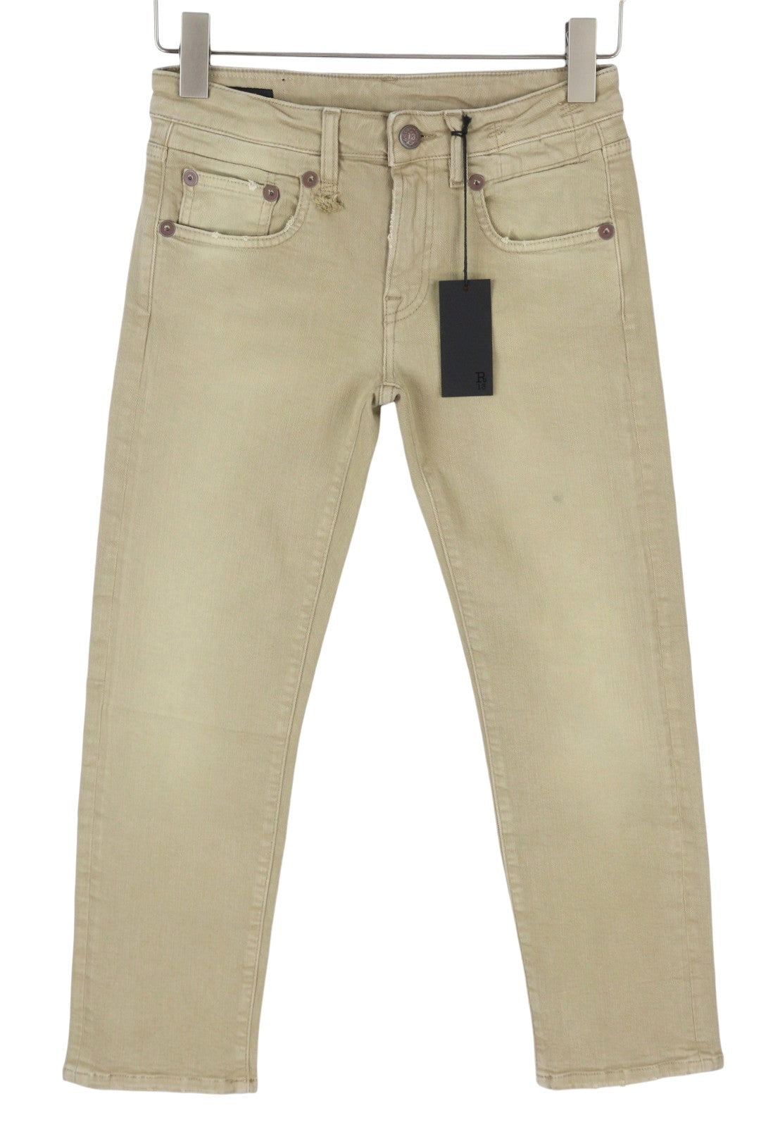 R13 Boy Straight Women Jeans 24 Khaki Stretch Cropped Zip RRP699
