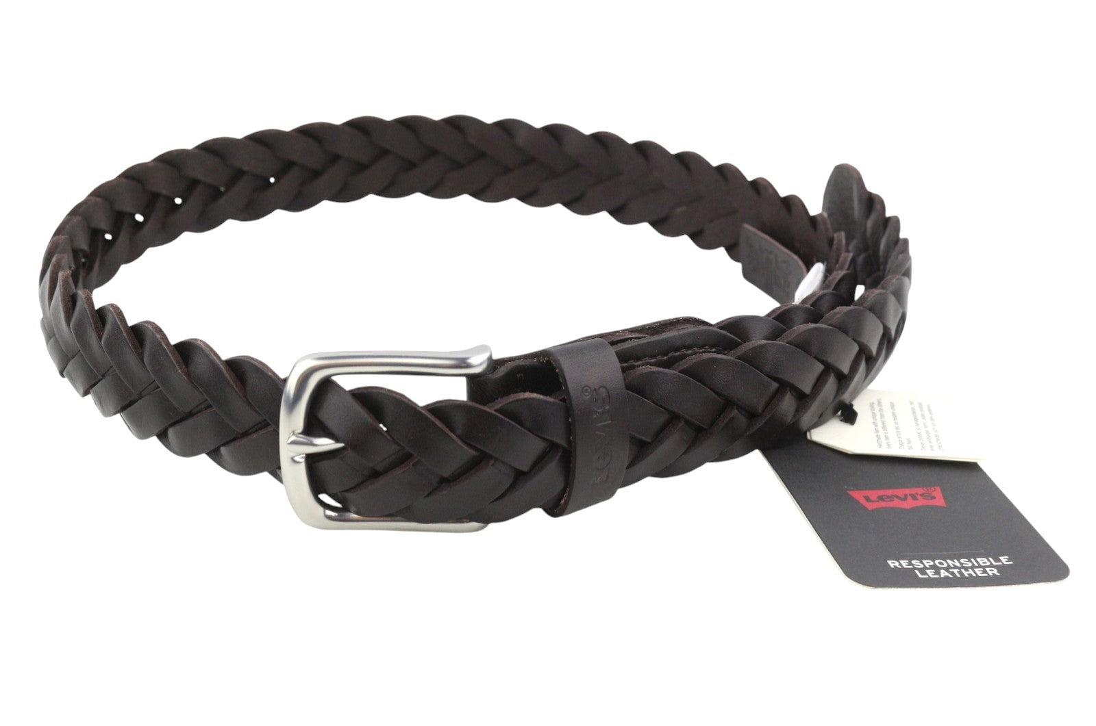 LEVI'S Men Belt 105 CM Dark Brown Full Grain Bovine Leather Braided Buckle