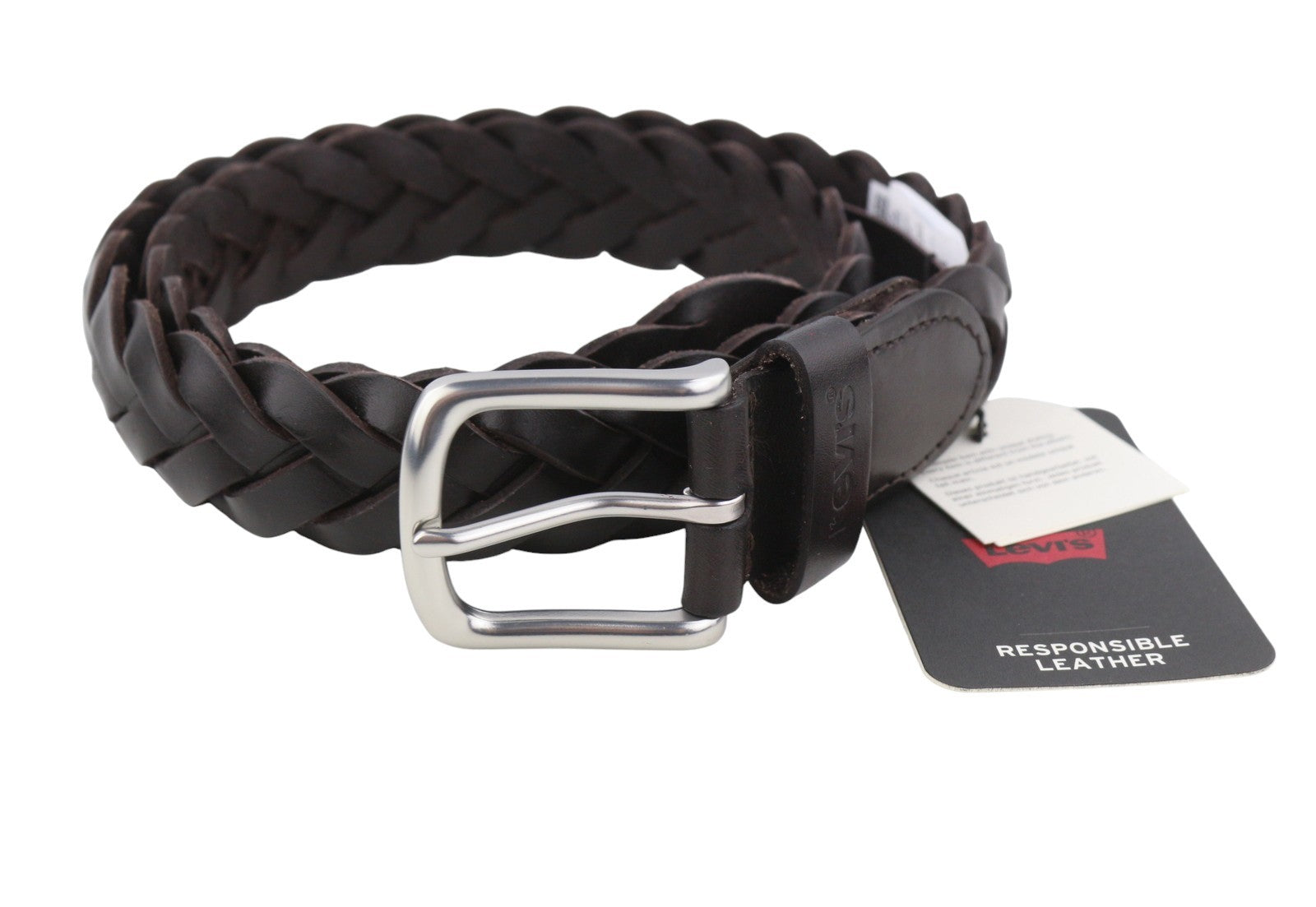 LEVI'S Men Belt 80 CM Dark Brown Full Grain Bovine Leather Braided Buckle