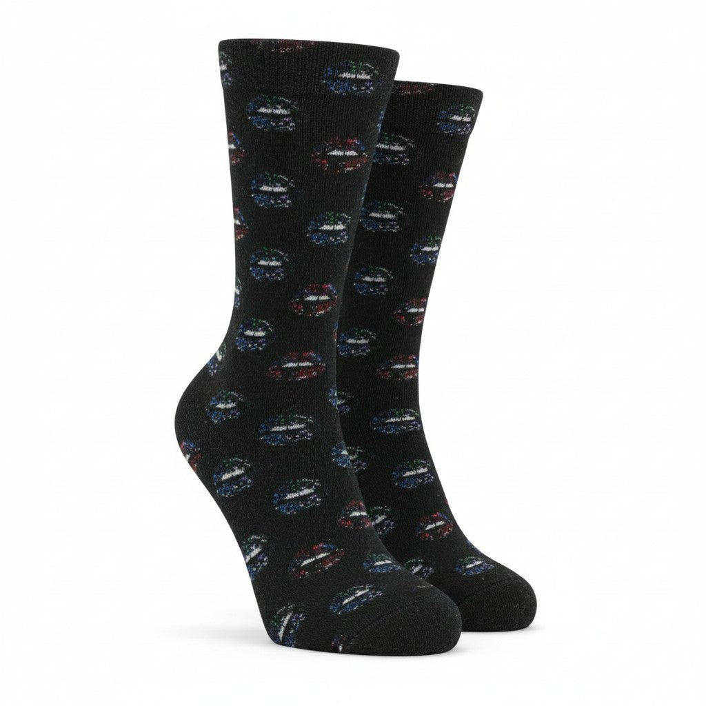 DESIGUAL Women Socks OS Black All-Over Lip Print Tight Knit