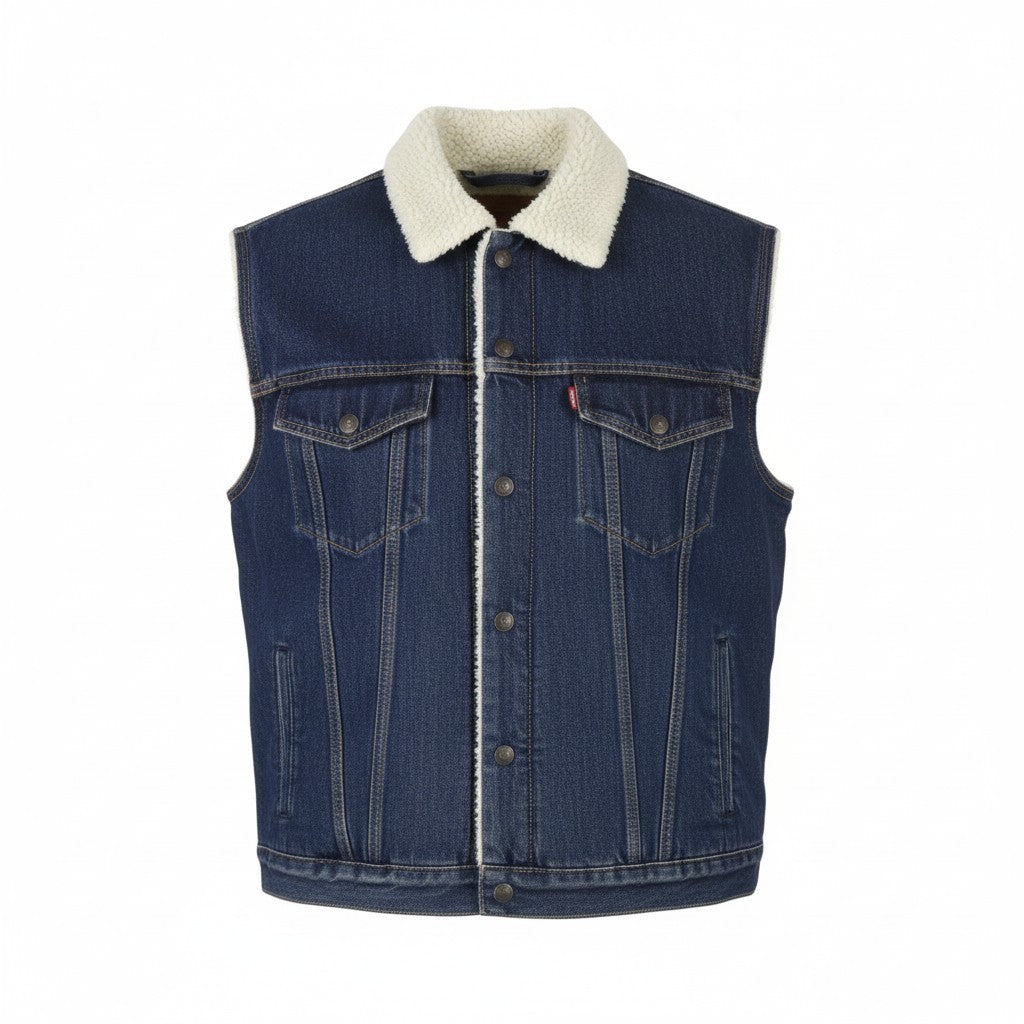 LEVI'S Men Waistcoat L Blue Premium Big E Sherpa Lined Buttoned Trucker Denim