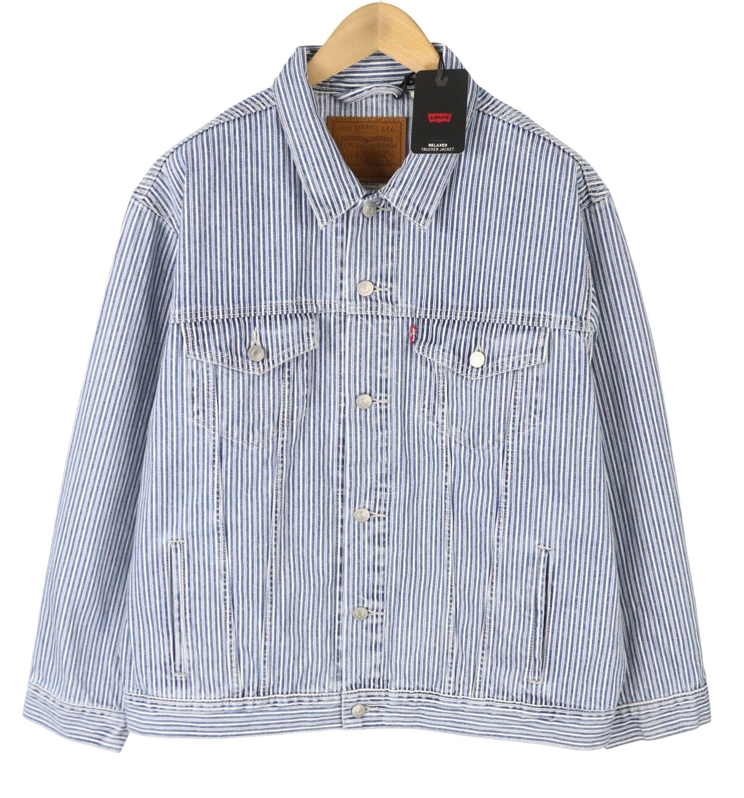 LEVI'S Men Jacket L Blue Pinstriped Premium Big E Button-Up Trucker Denim