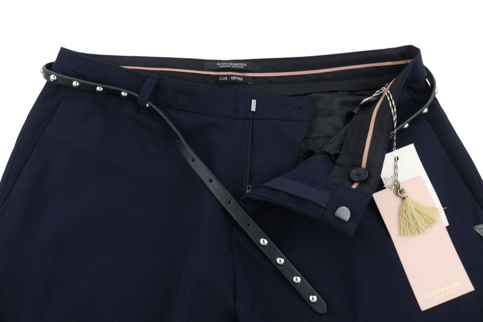 MAISON SCOTCH Women Trousers S Dark Blue Belted Cropped Slim Fit Chino