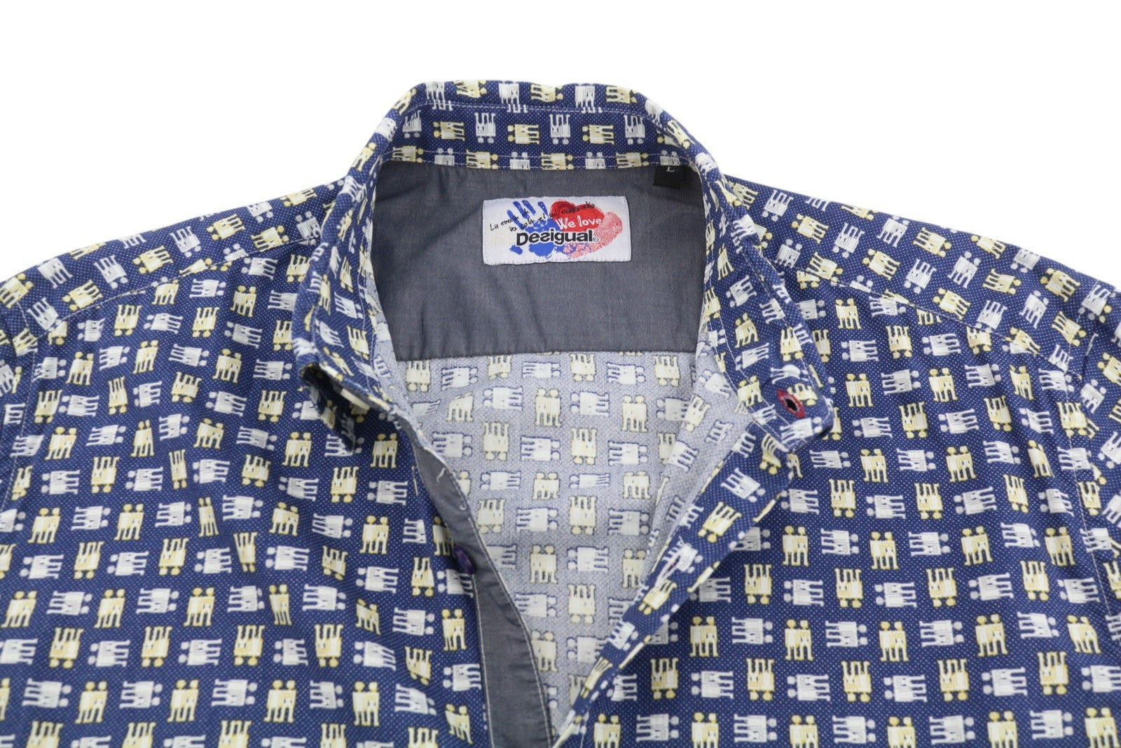 DESIGUAL Men Shirt L Blue Patterned Spread Collar Button-Up Casual