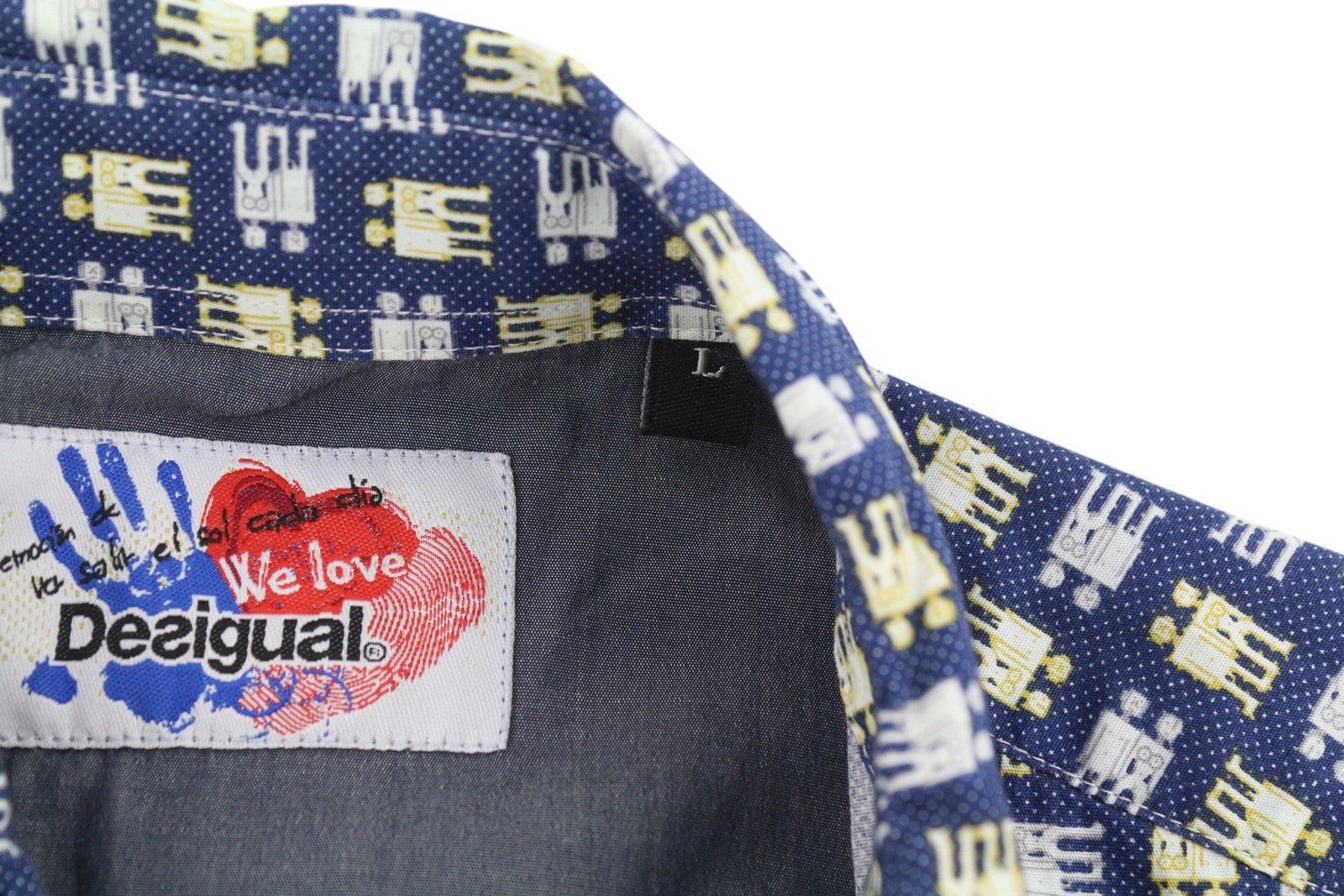 DESIGUAL Men Shirt L Blue Patterned Spread Collar Button-Up Casual