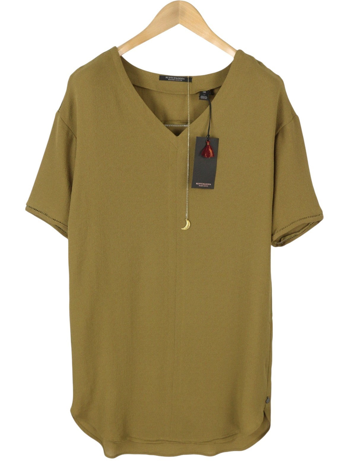 MAISON SCOTCH Women Dress XS Khaki Green V-Neck Short Sleeve Mini